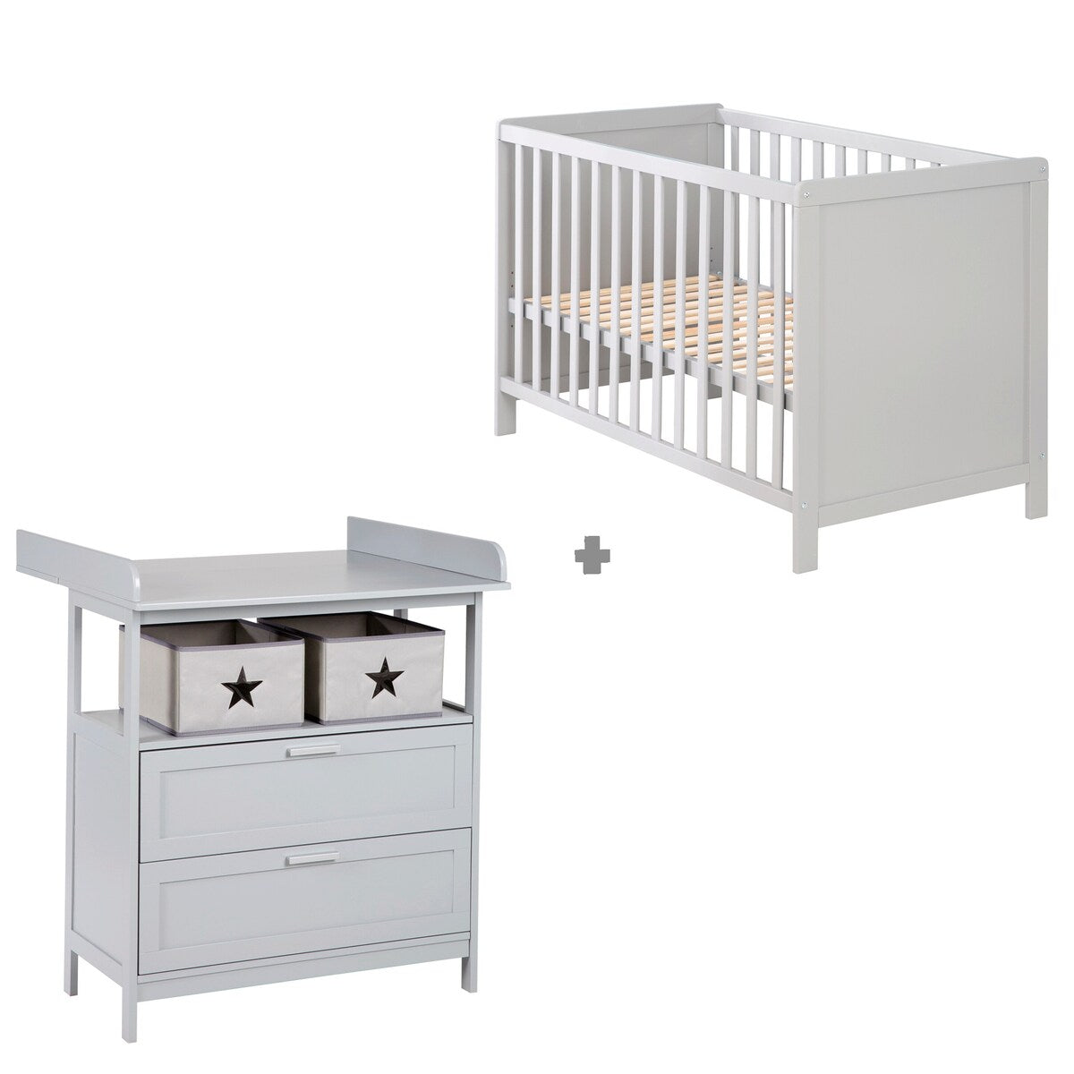 Barneromssett Hamburg med stellekommode og bedside crib forfra