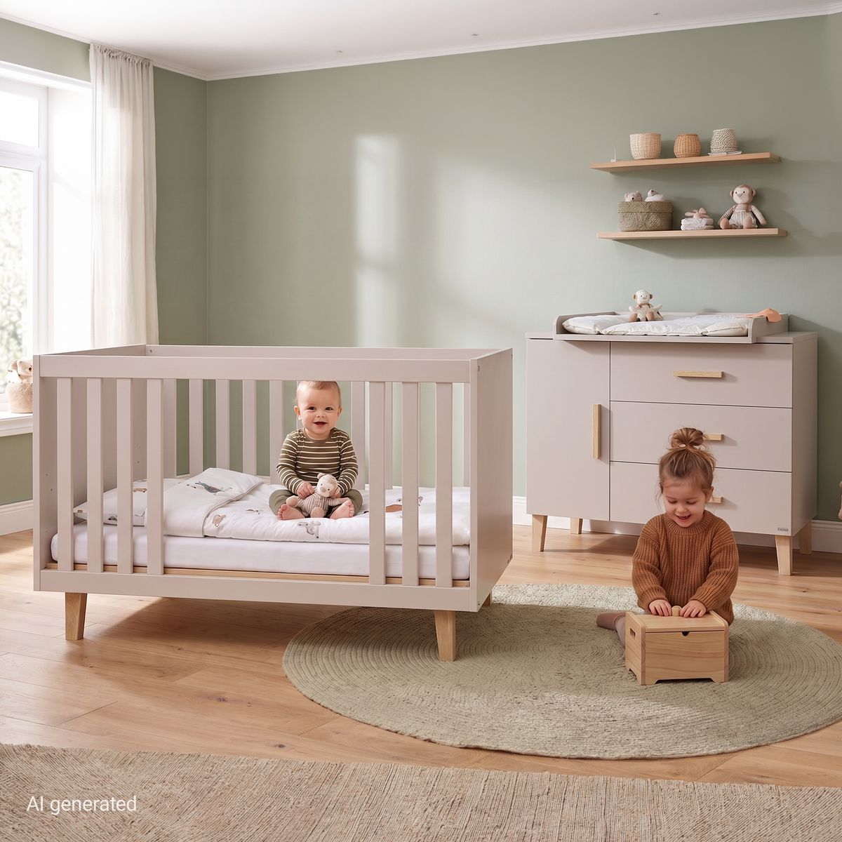 Barneromssett Tami med seng og ekstra bred stellekommode fra Pinolino