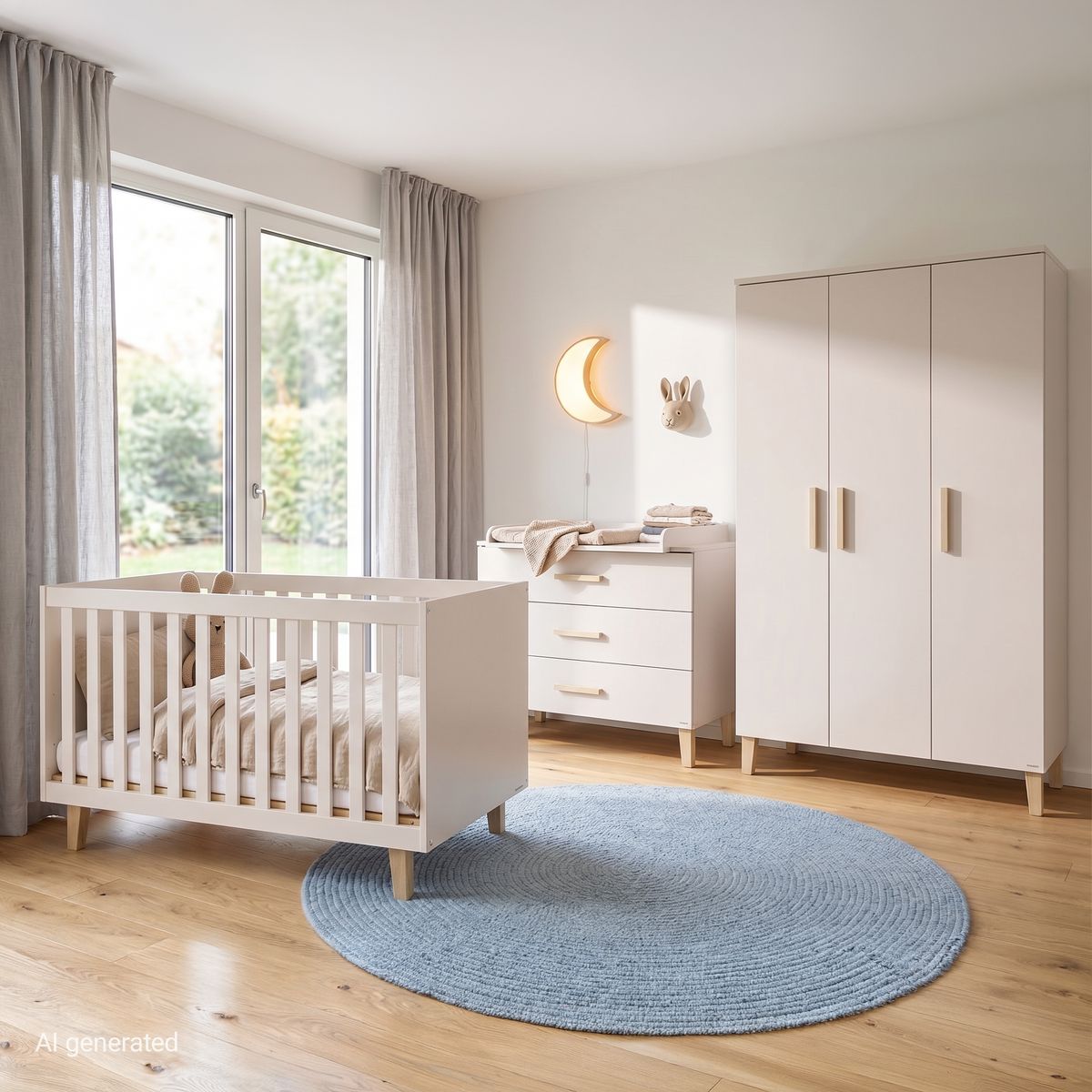 Barneromssett Tami med seng, stellekommode og 3-dørs skap fra Pinolino i beige og eikeelementer