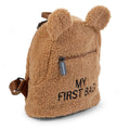 Barneryggsekk My First Bag Teddy i brun sett forfra med sikkerhetsspenne