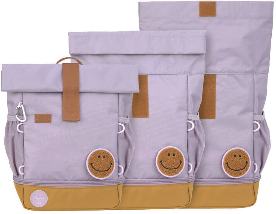 Barneryggsekk rolltop 9-11 l lilac resirkulert polyester med fargerike patches