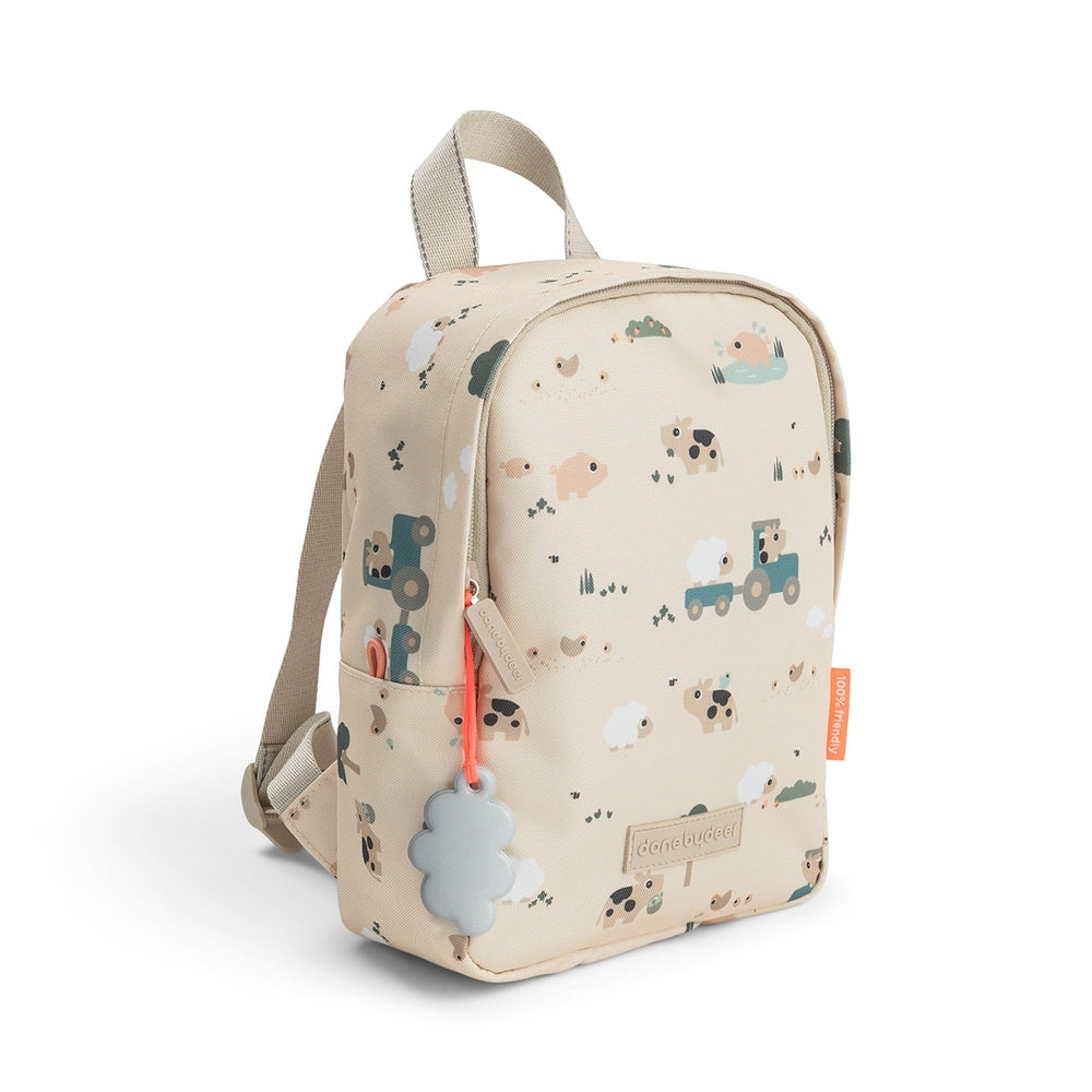 Barnesekk Tiny Farm 4L sand forfra med refleksdetaljer