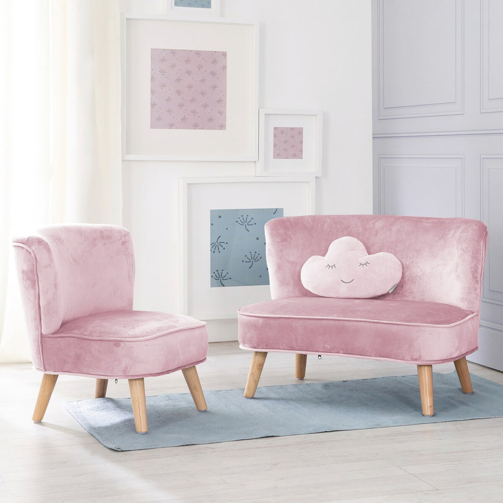 Barnesofa-sett med lenestol og pute rosa fløyel bakside