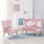 Barnesofa-sett med lenestol og pute rosa fløyel bakside