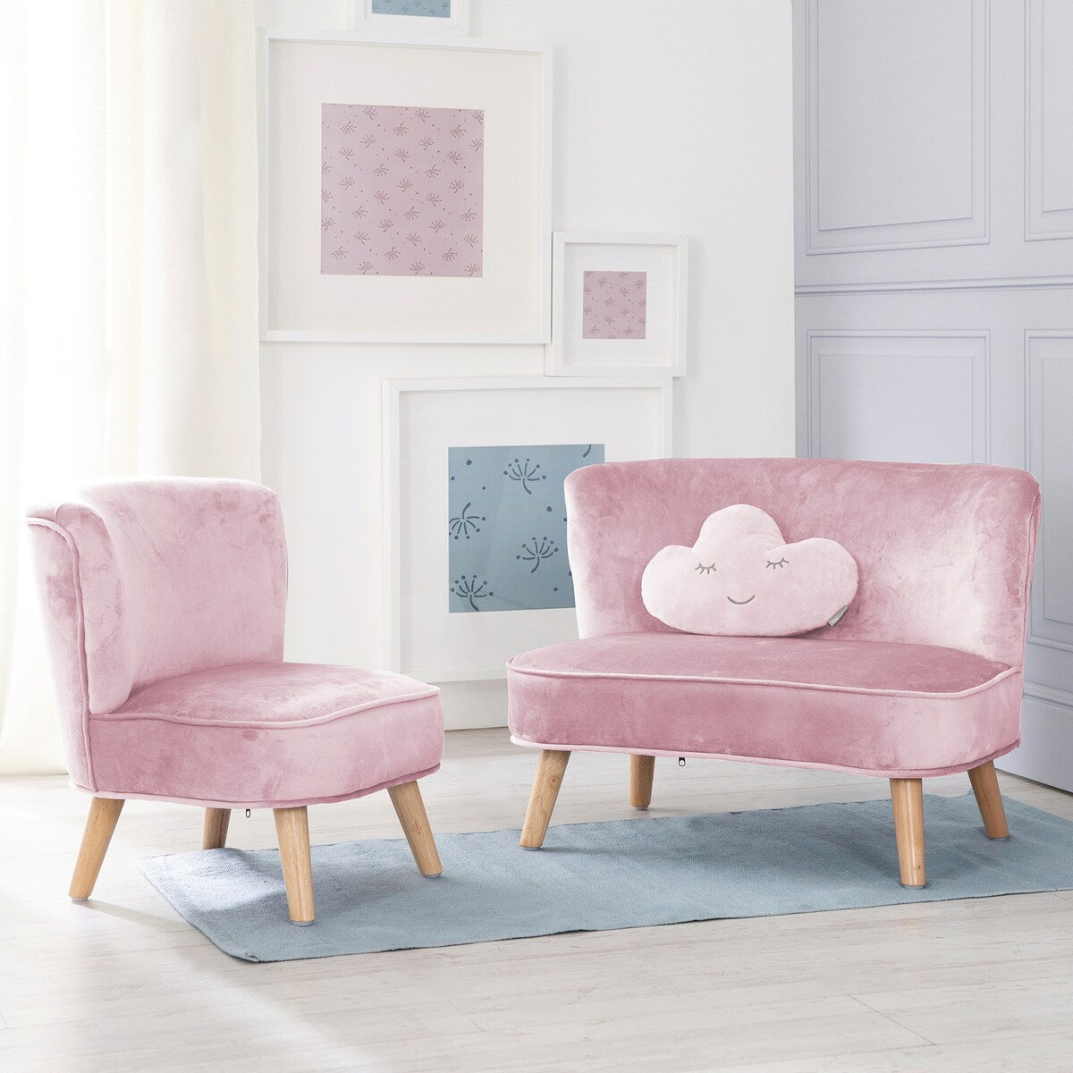 Barnesofa-sett med lenestol og pute rosa fløyel bakside