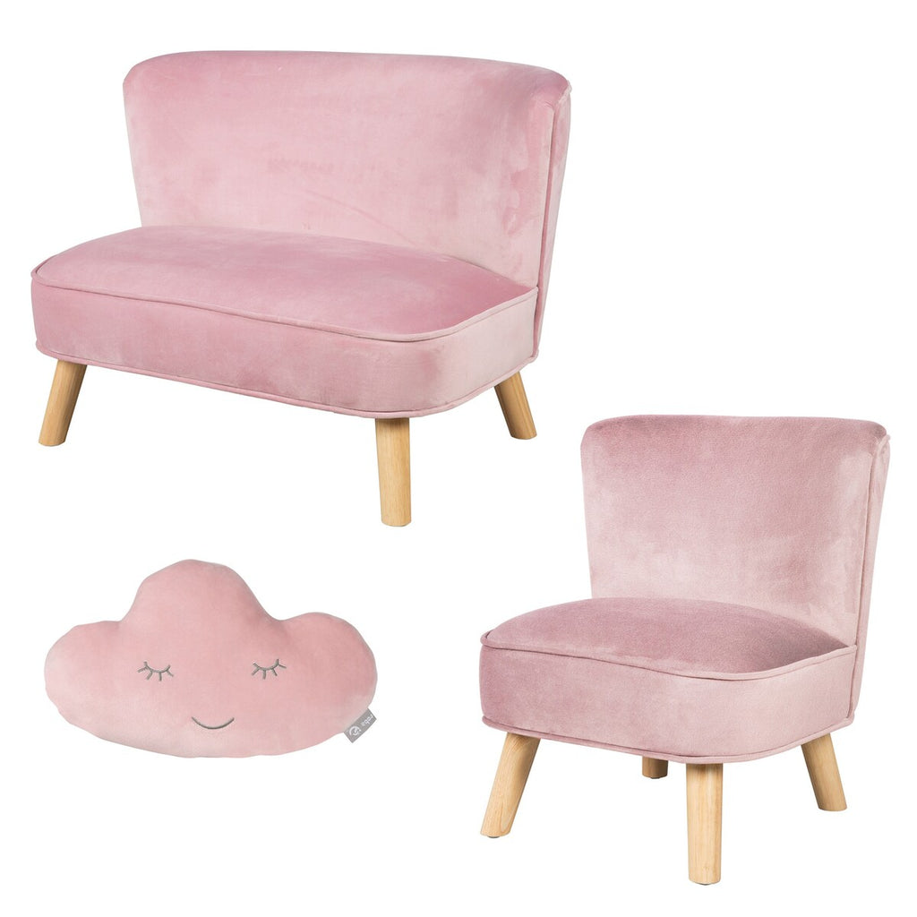 Barnesofa-sett med lenestol og pute rosa fløyel forfra