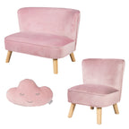 Barnesofa-sett med lenestol og pute rosa fløyel forfra