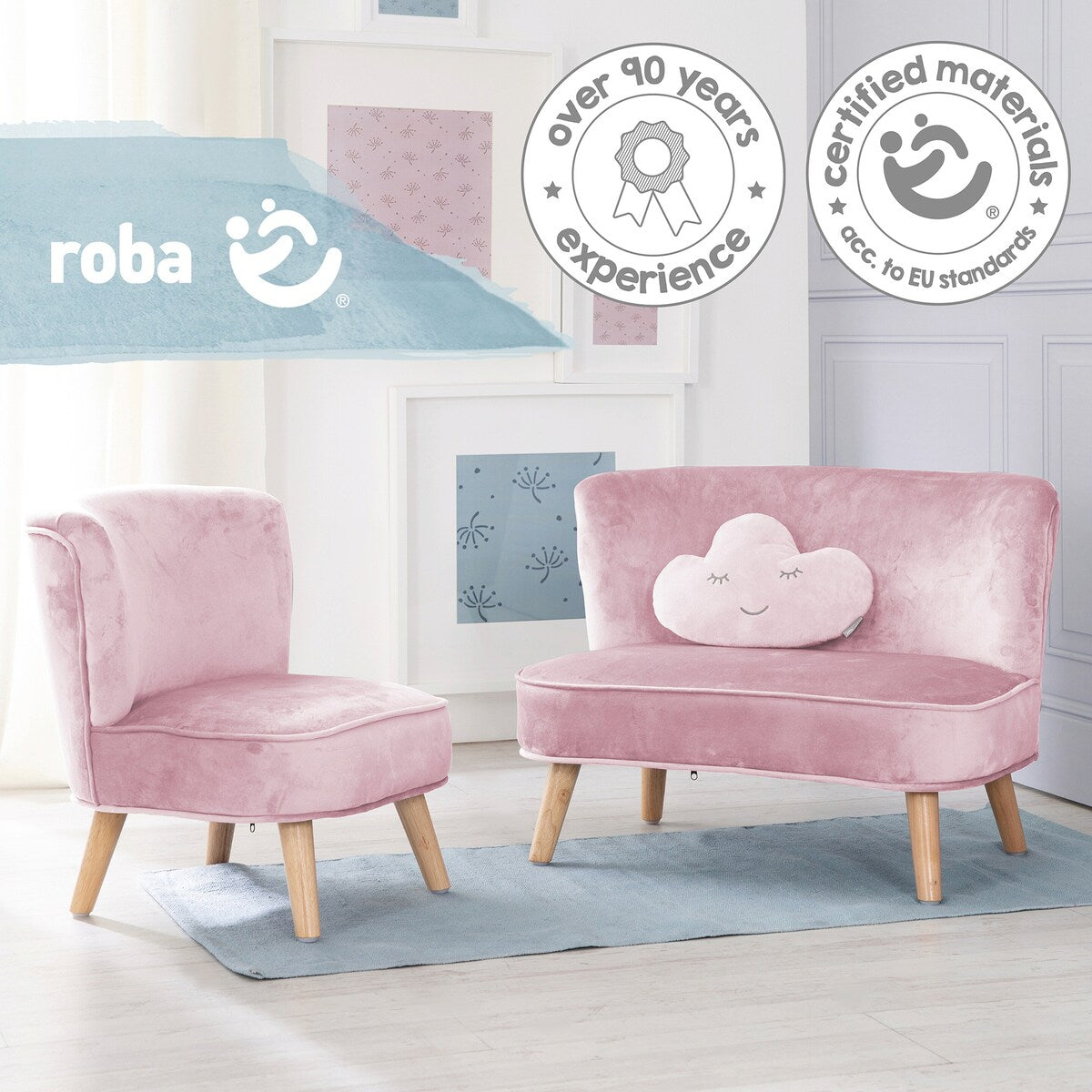 Skypute i skyform fra Barnesofa-sett med lenestol og pute rosa fløyel