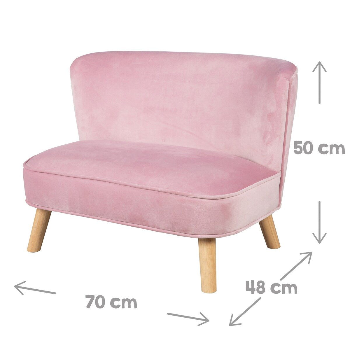 Barnesofa med rosa fløyel og treben fra roba