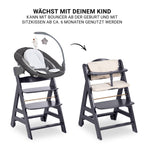 Barnestol 5-delt sett Beta Plus Deluxe i bøk montert med nyfødtinnlegg
