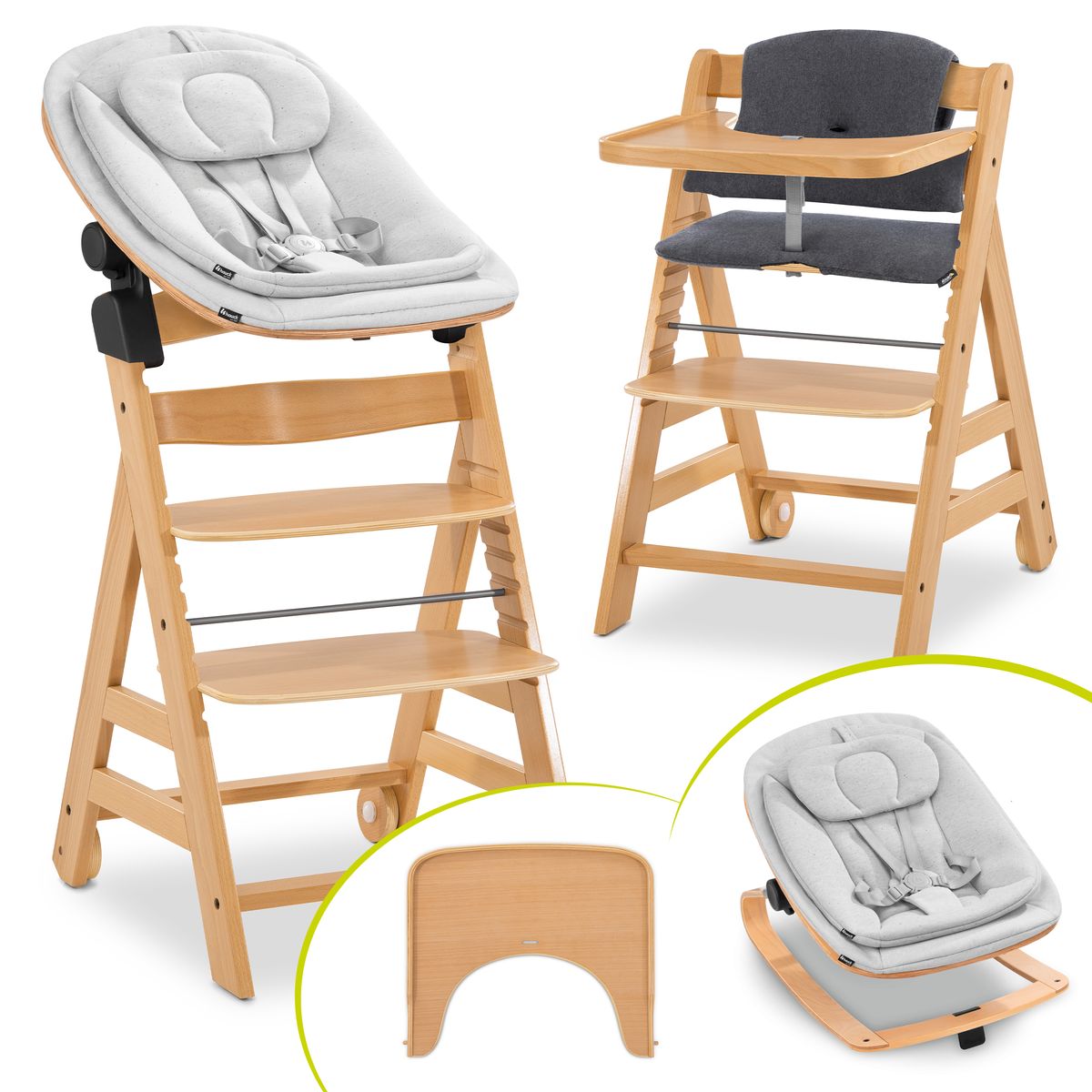 Barnestol Alpha Move Newborn sett 5 deler i bøketre forfra