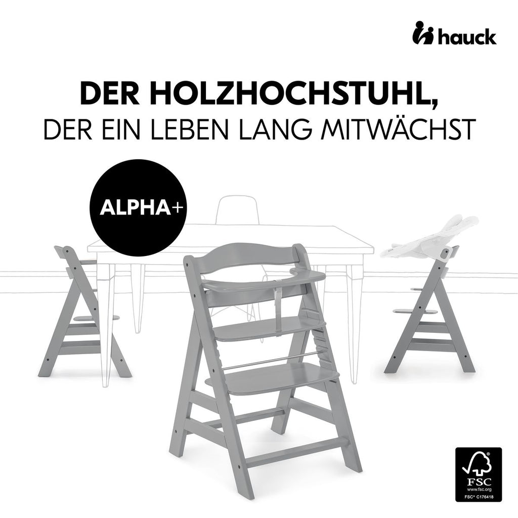 Barnestol Alpha Plus i bøk med 5-punktsbelte bakside