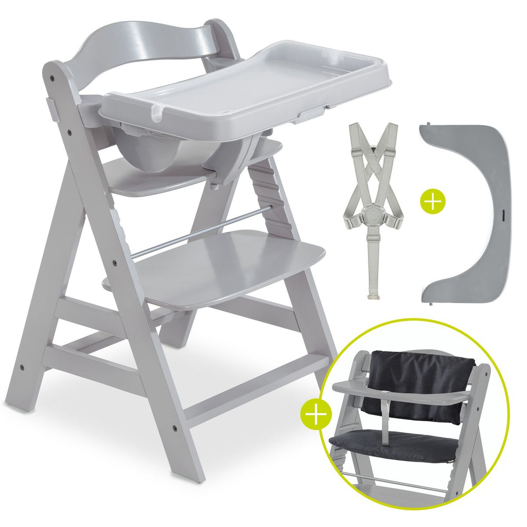 Barnestol Alpha Plus Grey 3-delt sett med brett og sittepute forfra