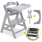 Barnestol Alpha Plus Grey 3-delt sett med brett og sittepute forfra