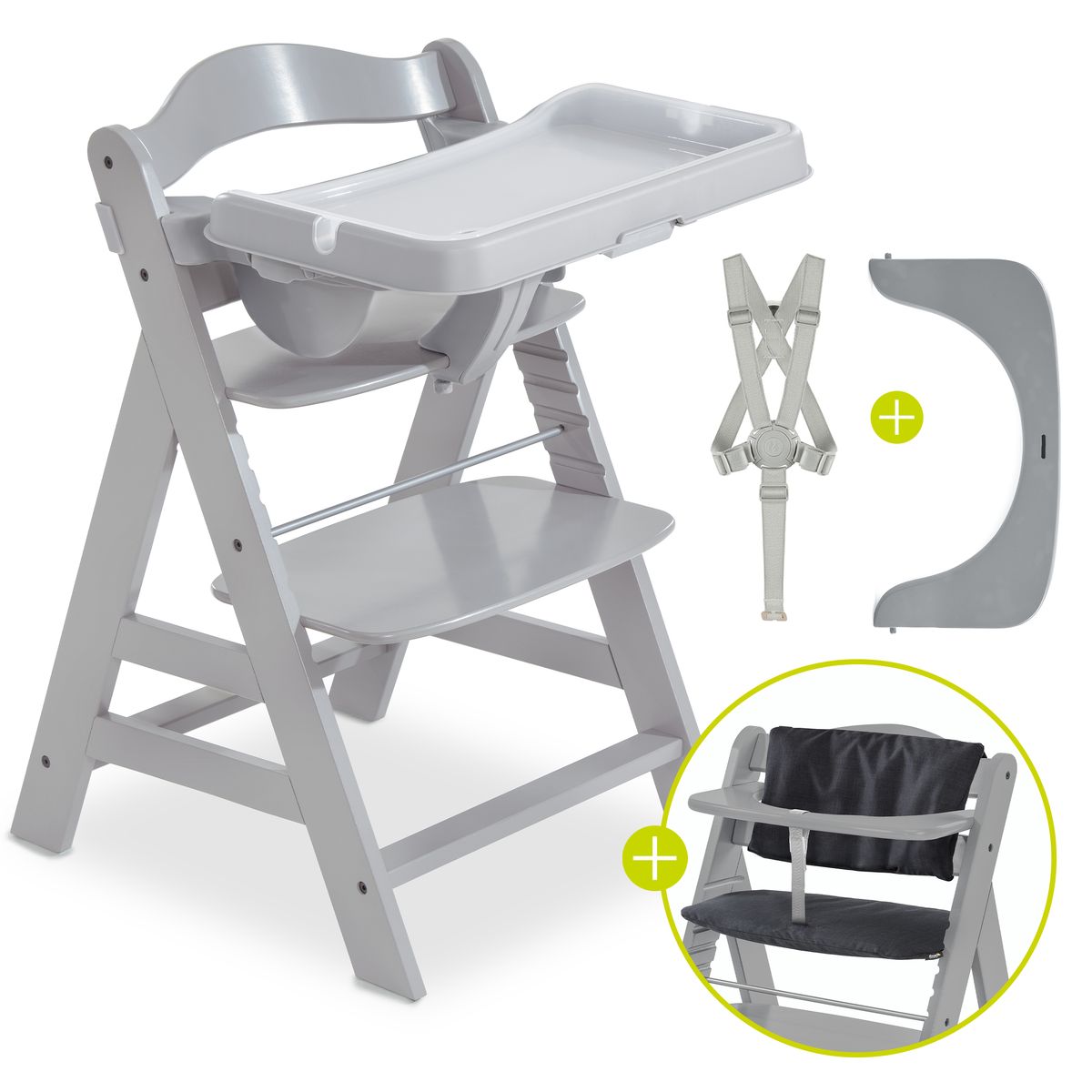 Barnestol Alpha Plus Grey 3-delt sett med brett og sittepute forfra