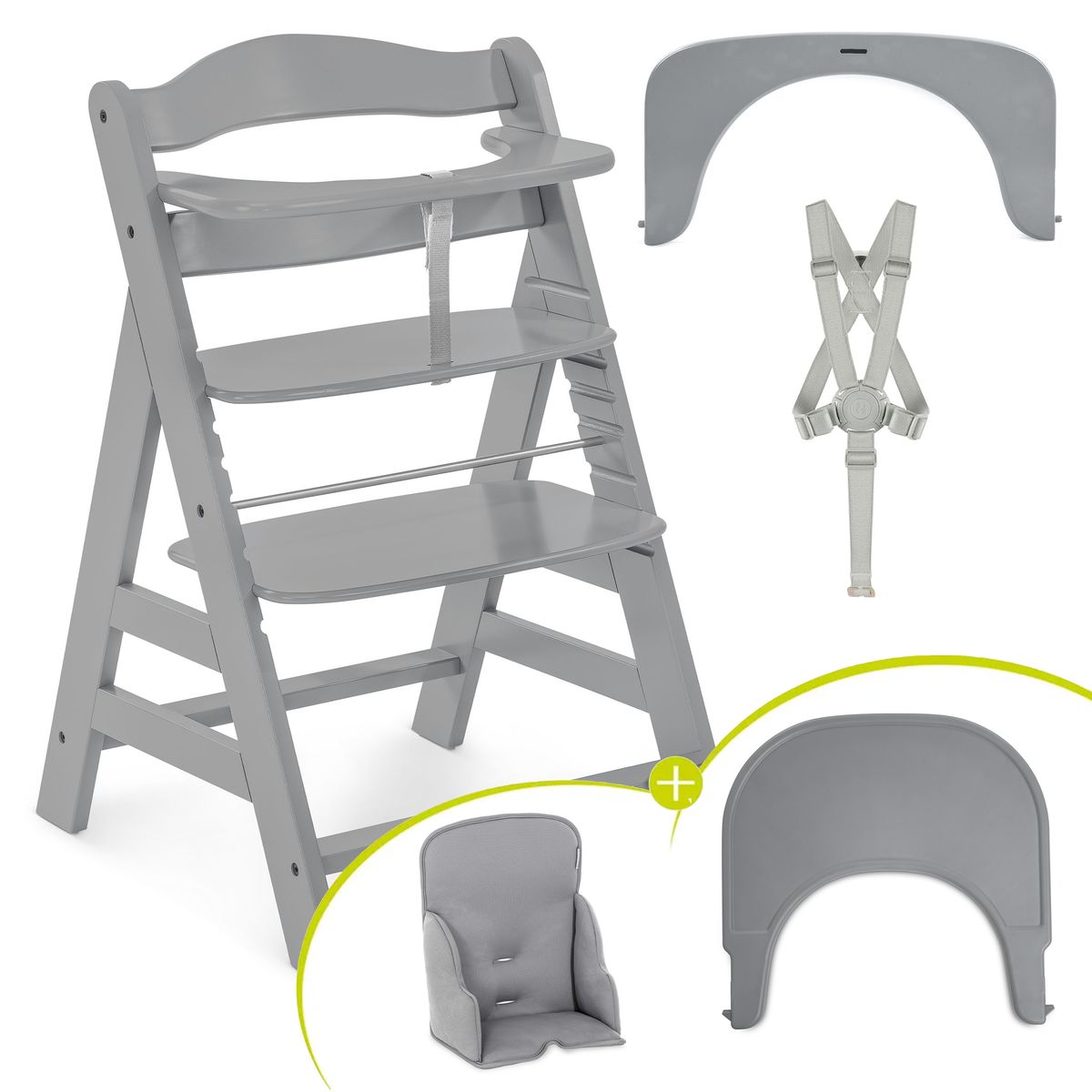 Barnestol Alpha Plus grey sett med seteinnlegg og spisebrett fra Hauck forfra