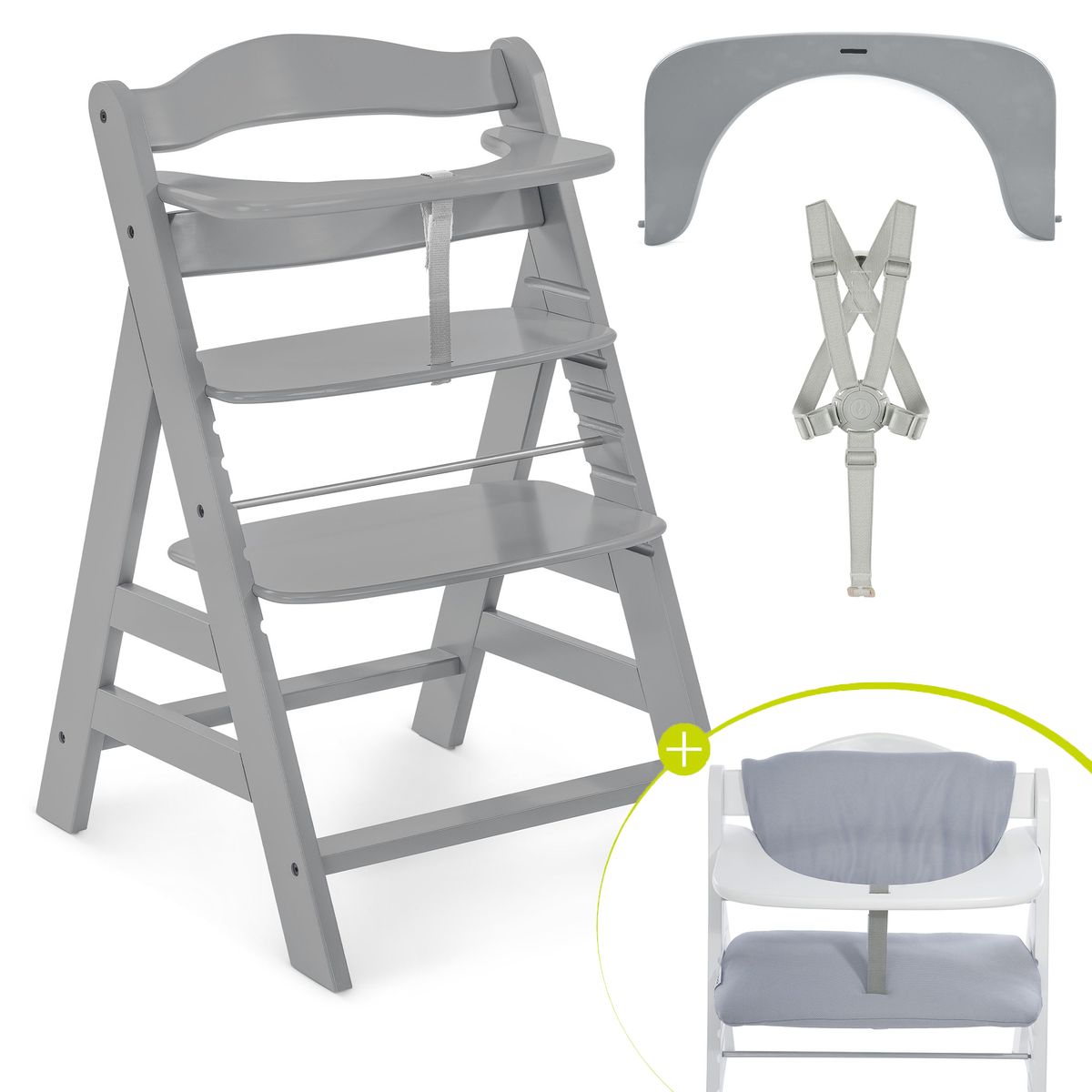 Barnestol Alpha Plus Grey i sett med sittepute Stretch Grey front