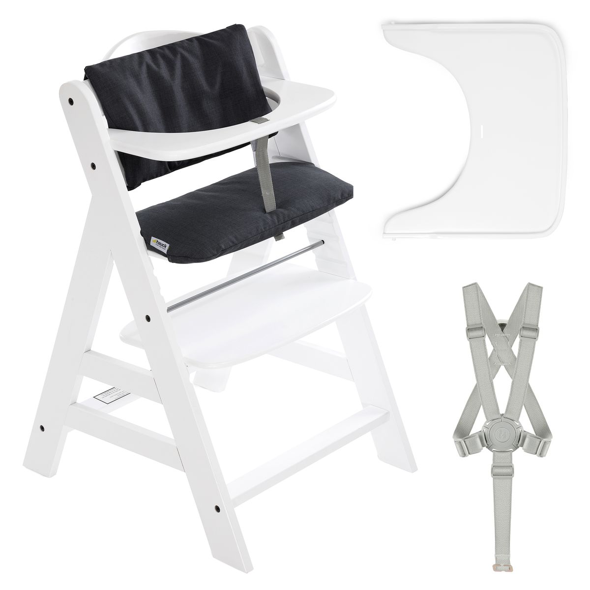 Barnestol Alpha Plus i sett med spisebrett og sittepute fra Hauck