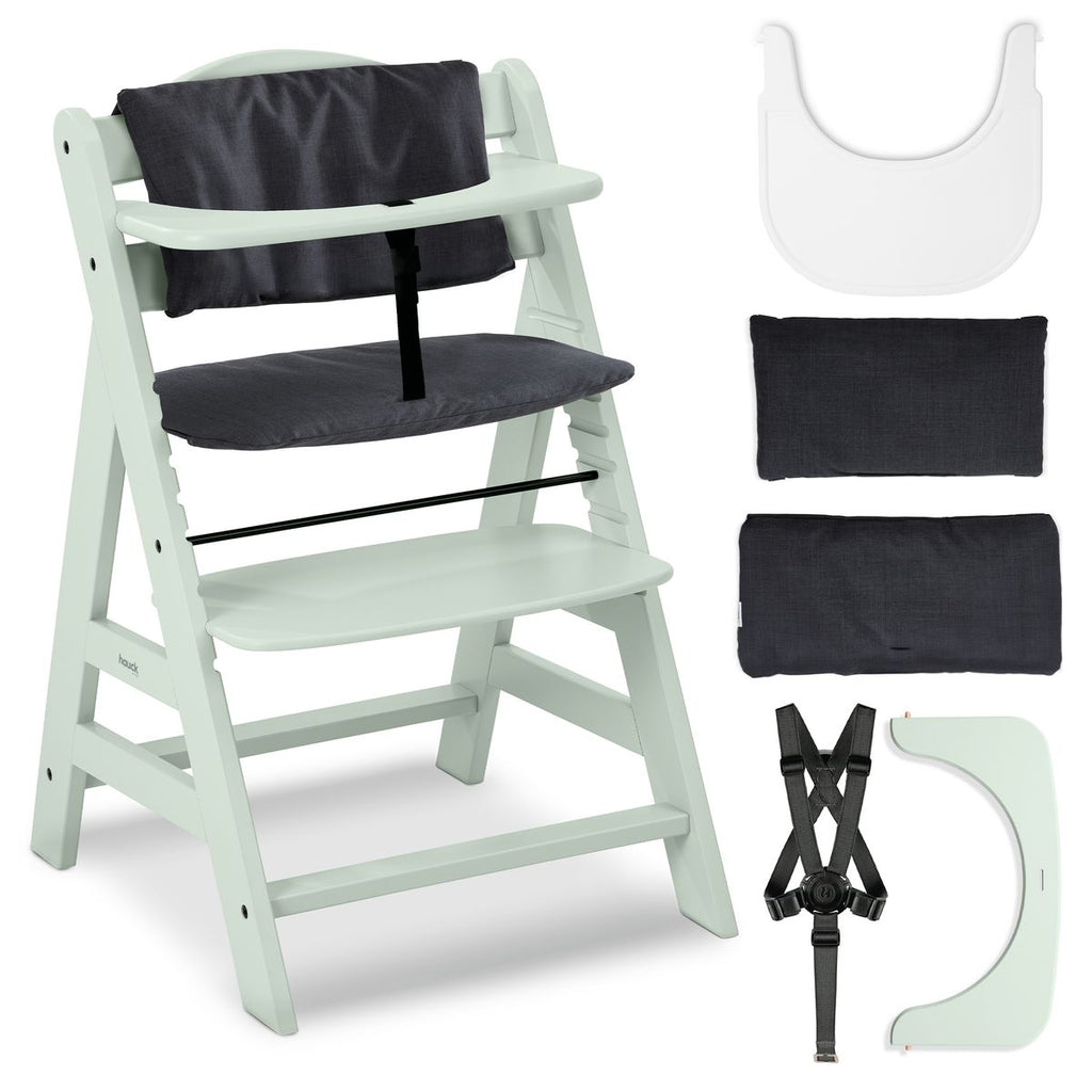 Barnestol Alpha Plus Mint sett med spisebrett og setepute forfra