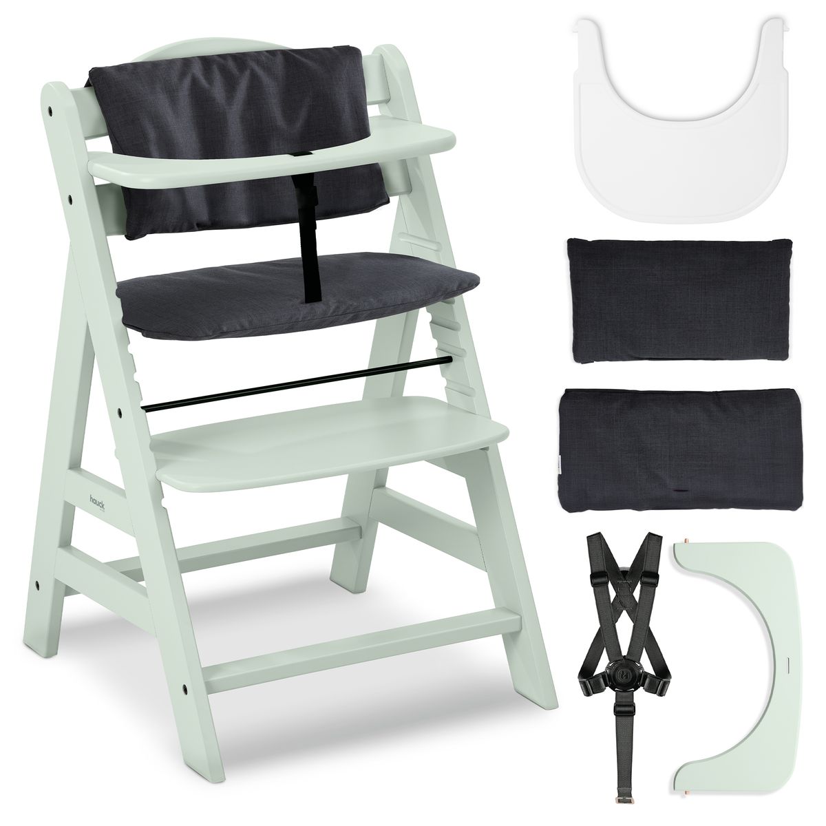 Barnestol Alpha Plus Mint sett med spisebrett og setepute forfra