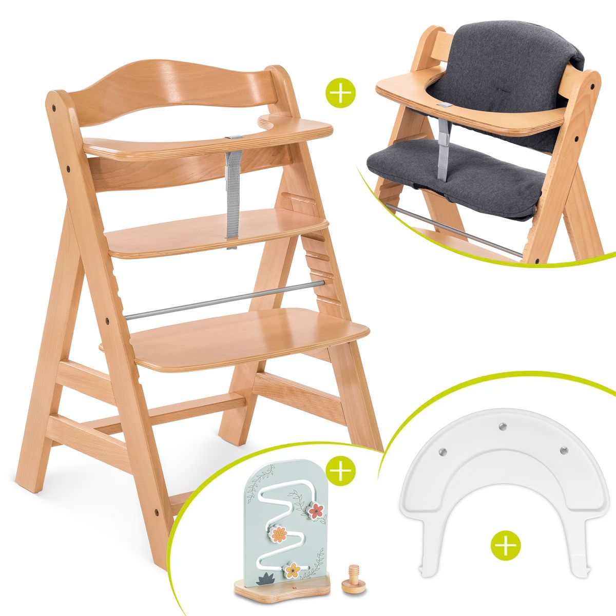 Barnestol Alpha Plus natur sett med sittepute og motorikkbrett forfra