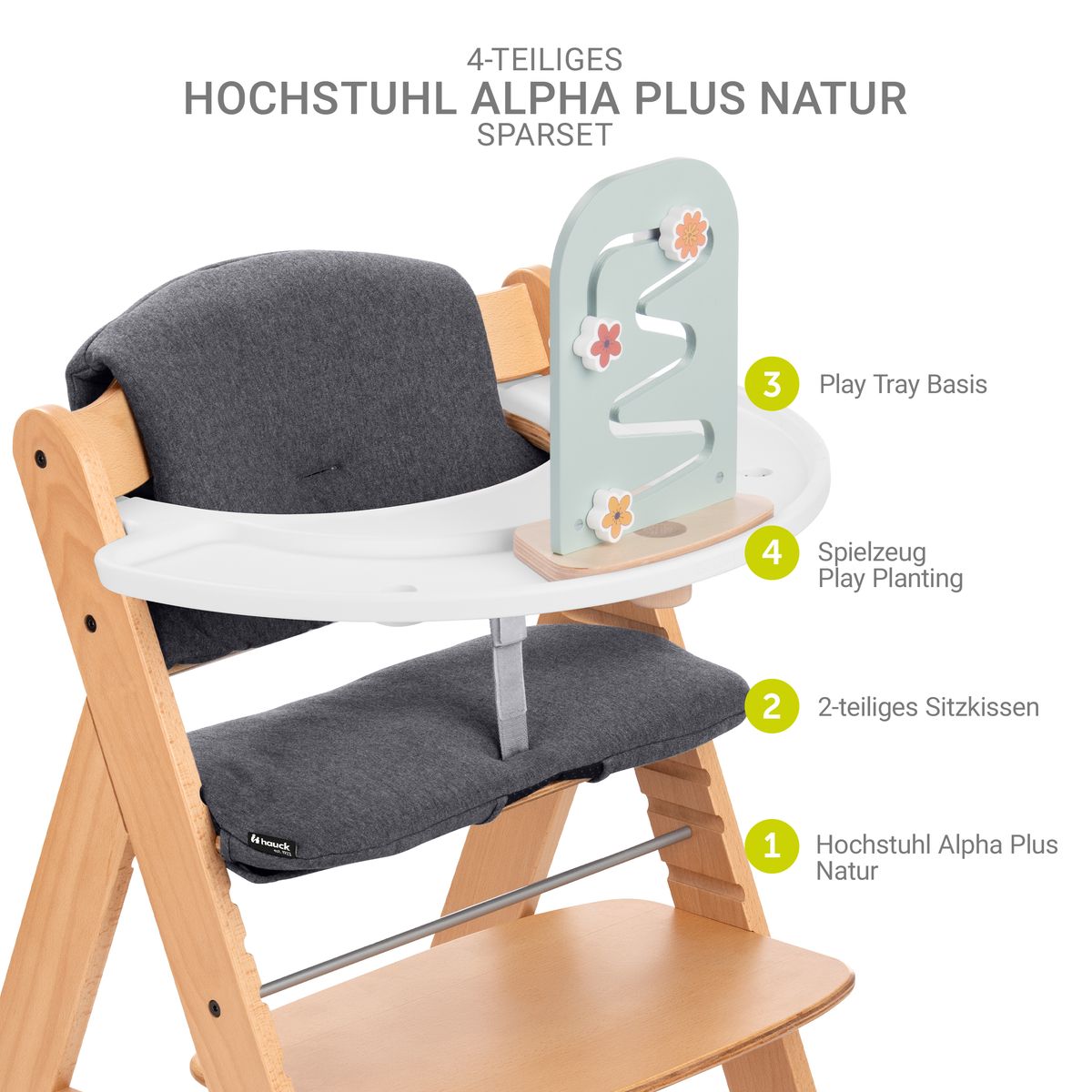 Barnestol Alpha Plus natur sett med sittepute og motorikkbrett bakside