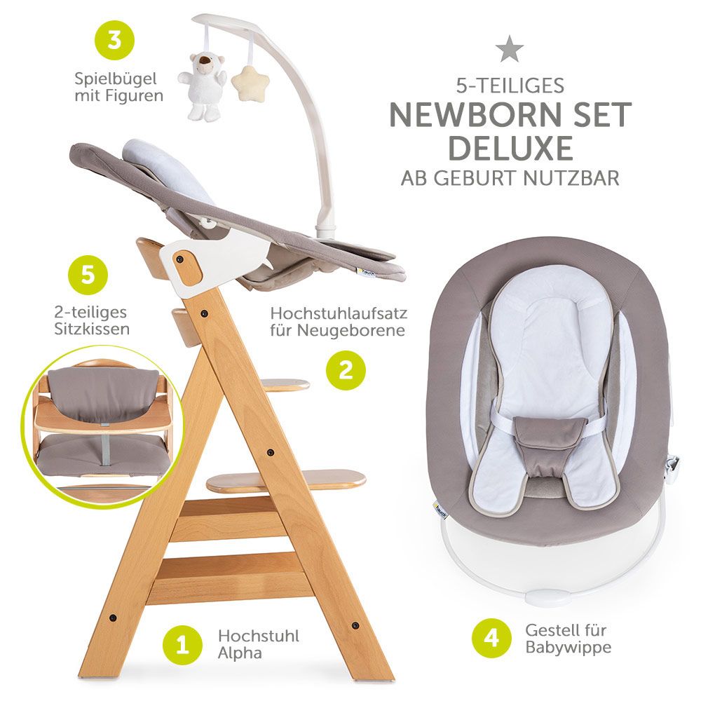 Barnestol Alpha Plus Natur 4-delt nyfødtsett Deluxe i bøk bakside