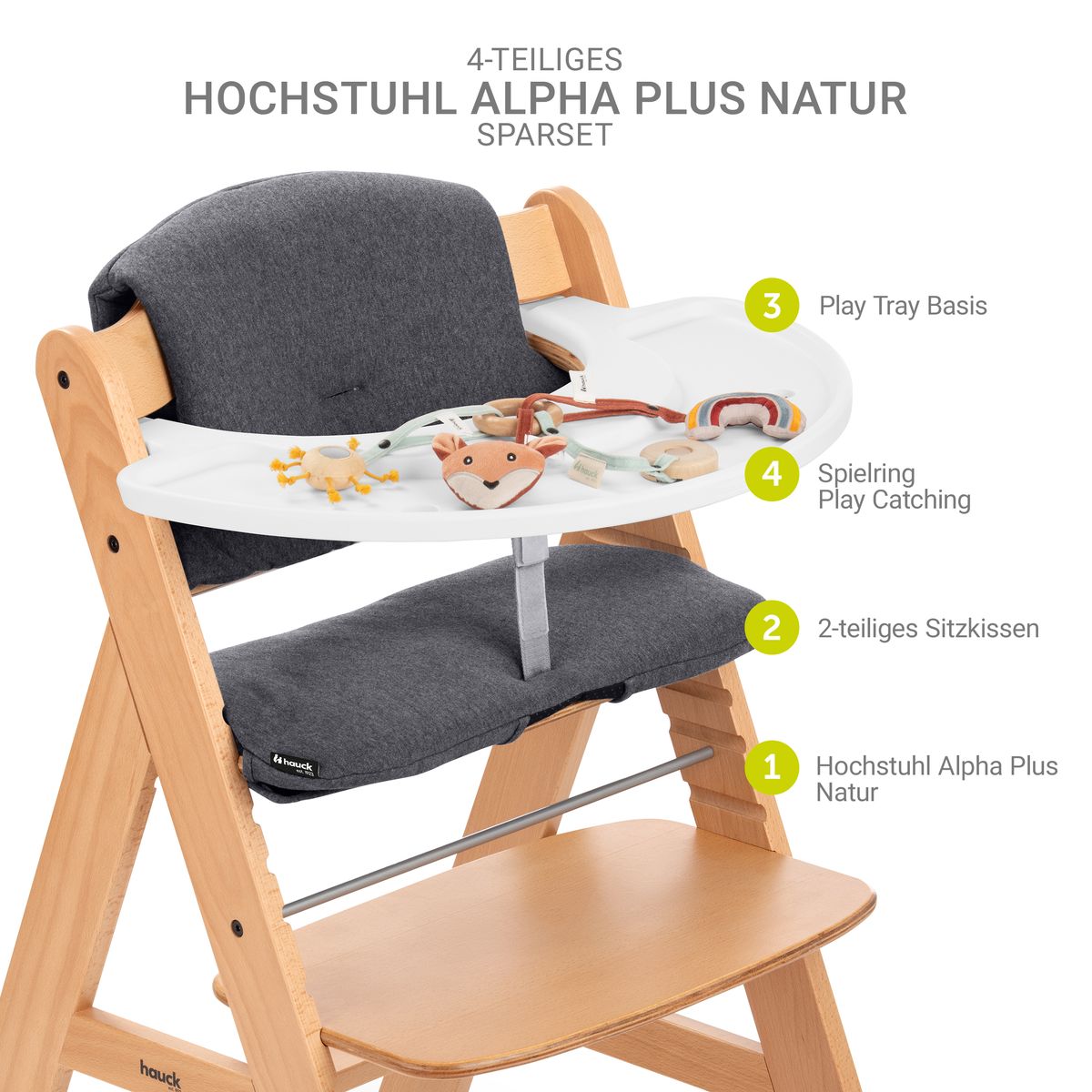 Baksiden av Barnestol Alpha Plus natur med justerbar sitte- og fotstøtte