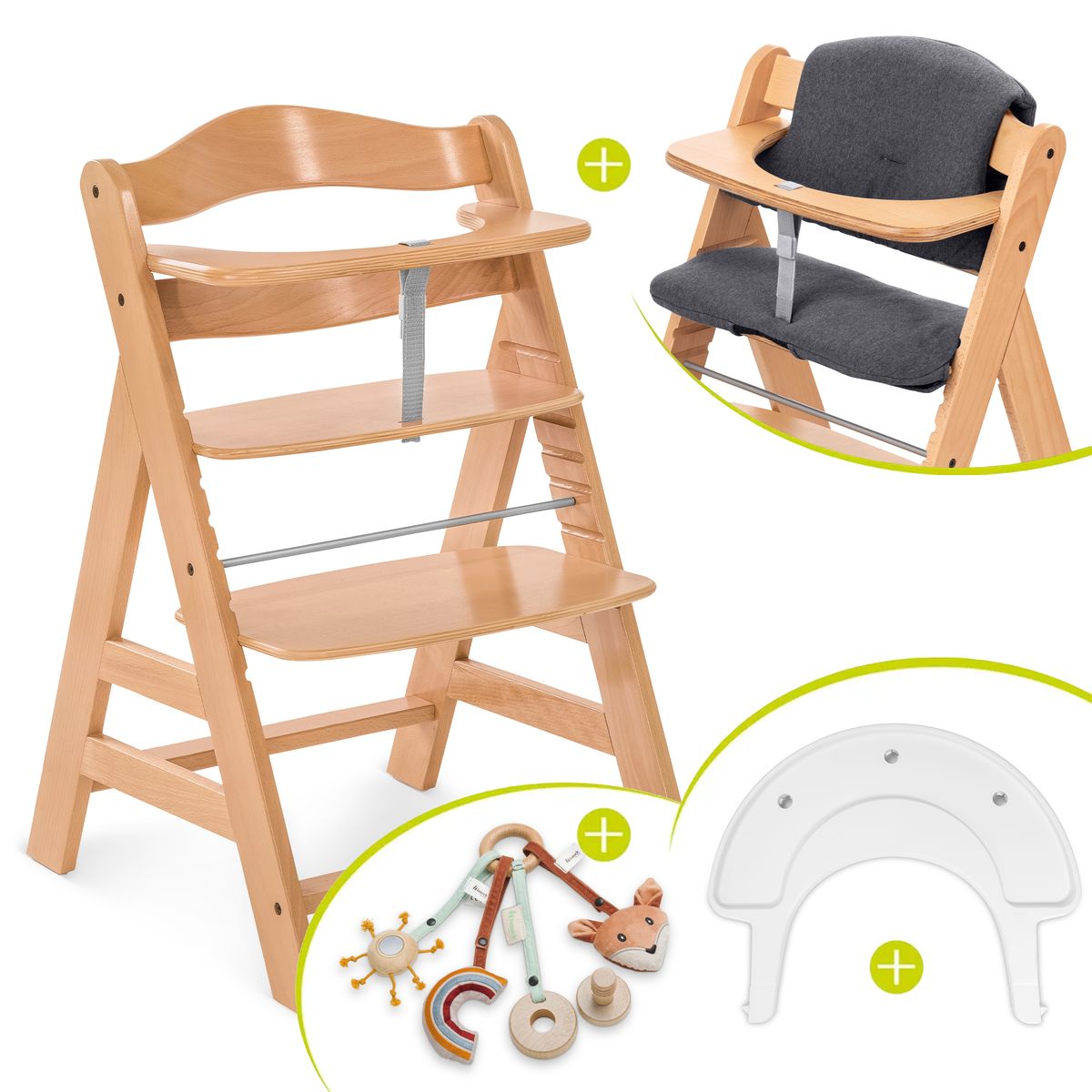 Barnestol Alpha Plus natur forfra med sittepute og Play Catching-sett
