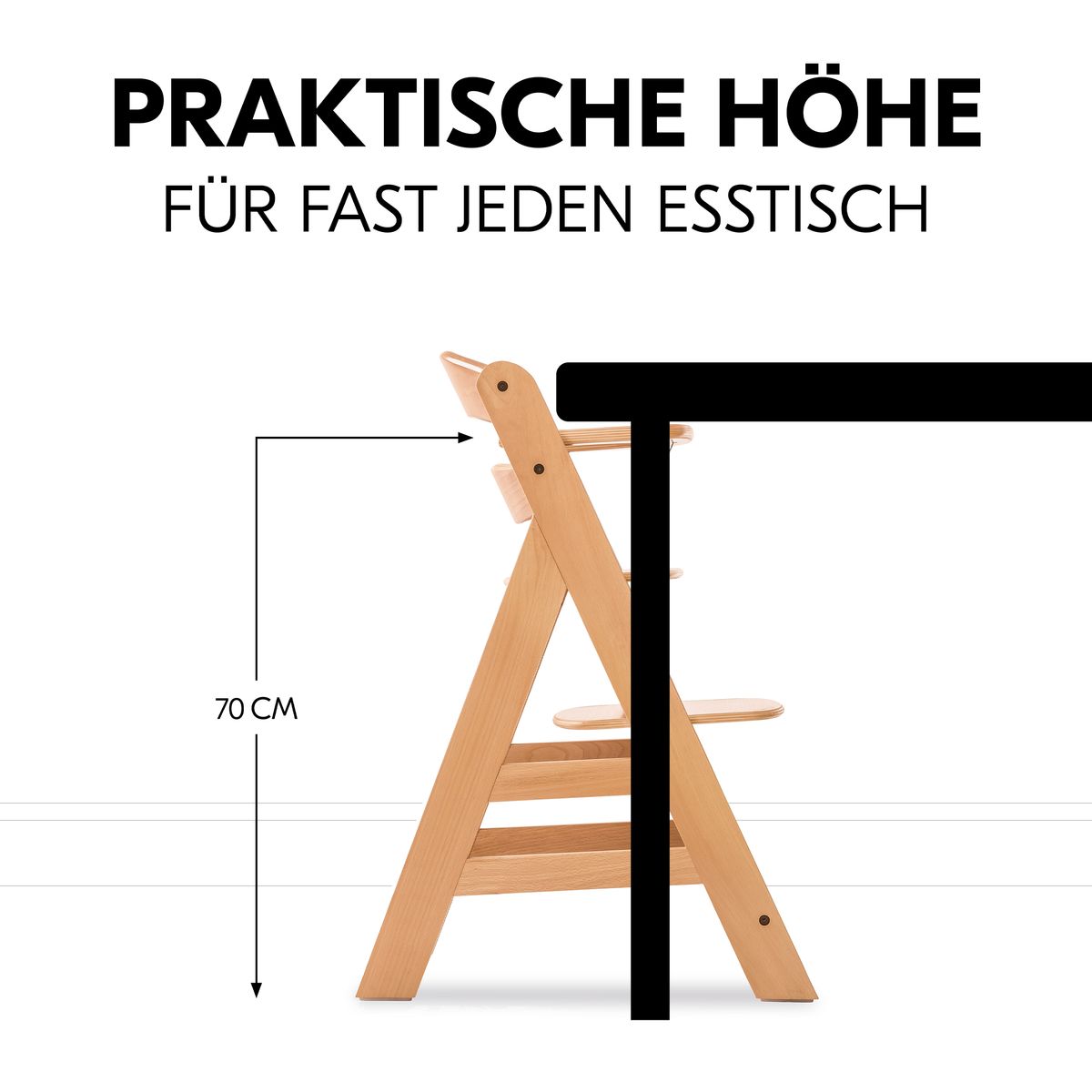 Sidevisning av Barnestol Alpha Plus natur med barn som sitter