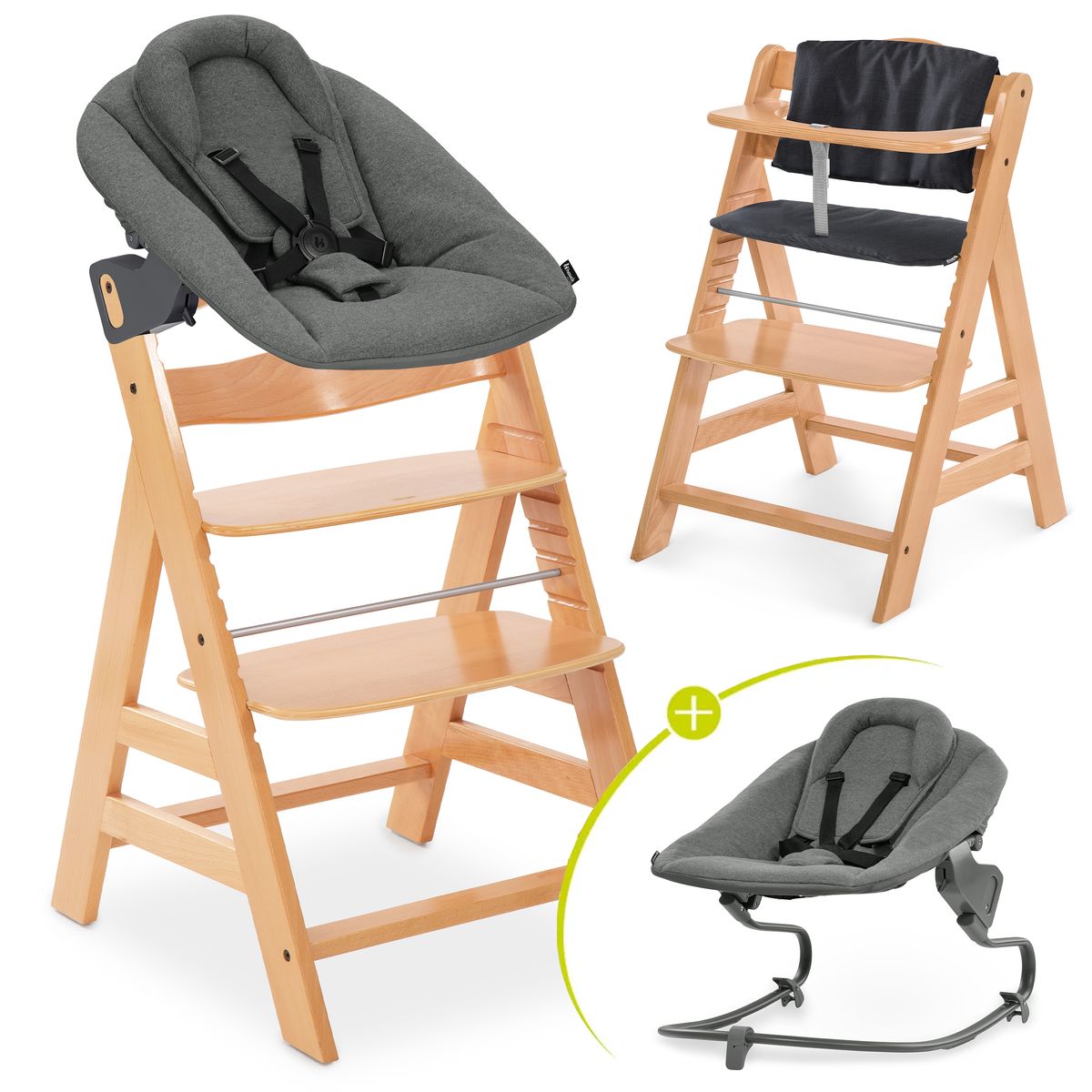 Barnestol Alpha Plus sett 4 deler med babyvippe og sittepute forfra