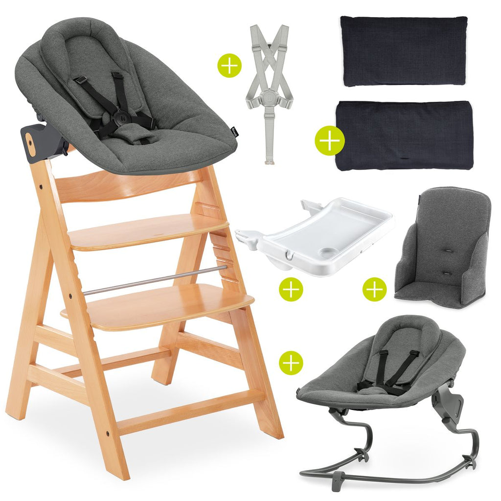 Barnestol Alpha Plus sett 5 deler med babyvippe og spisebrett forfra
