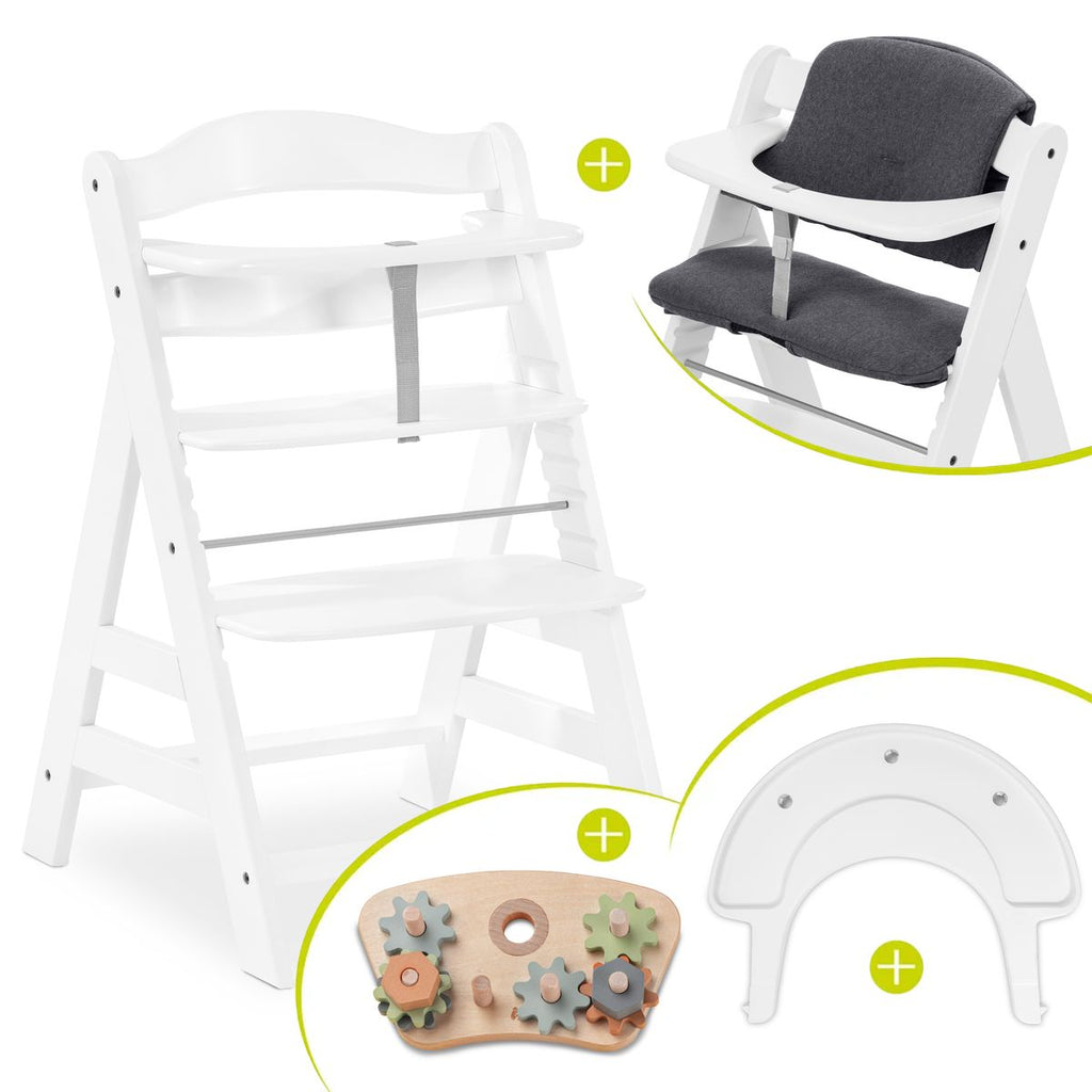 Barnestol Alpha Plus White sett med sittepute og motorikkleke forfra