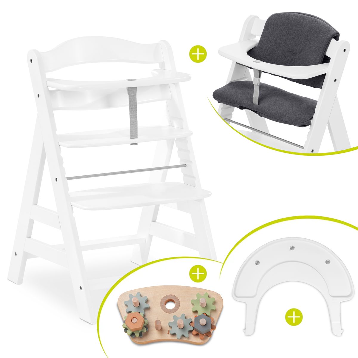 Barnestol Alpha Plus White sett med sittepute og motorikkleke forfra