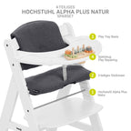 Barnestol Alpha Plus White sett med sittepute og motorikkleke bakside