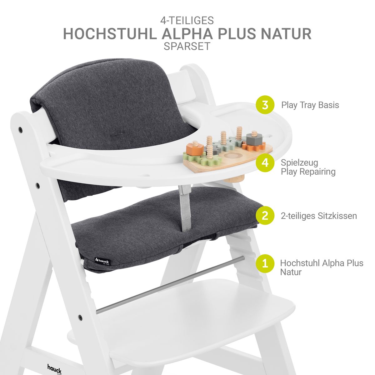 Barnestol Alpha Plus White sett med sittepute og motorikkleke bakside