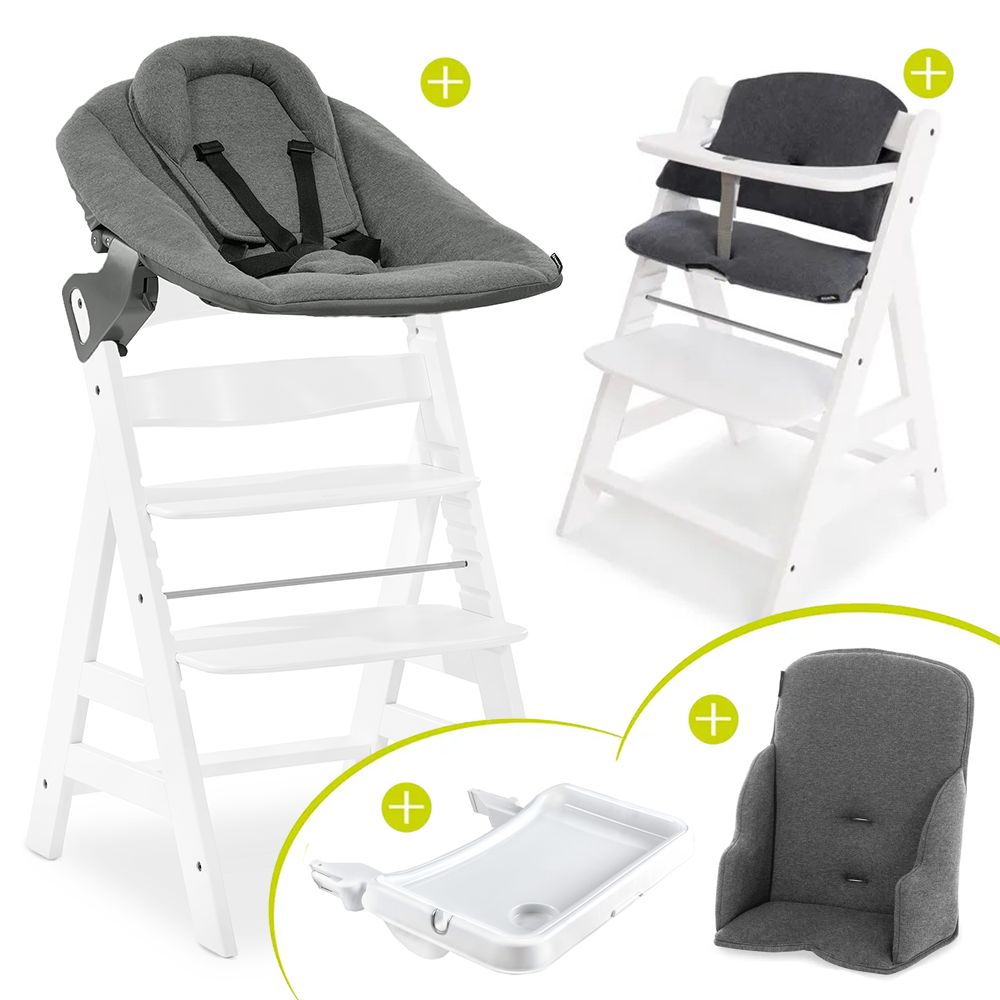Barnestol Alpha Plus White sett med babyvippe forfra