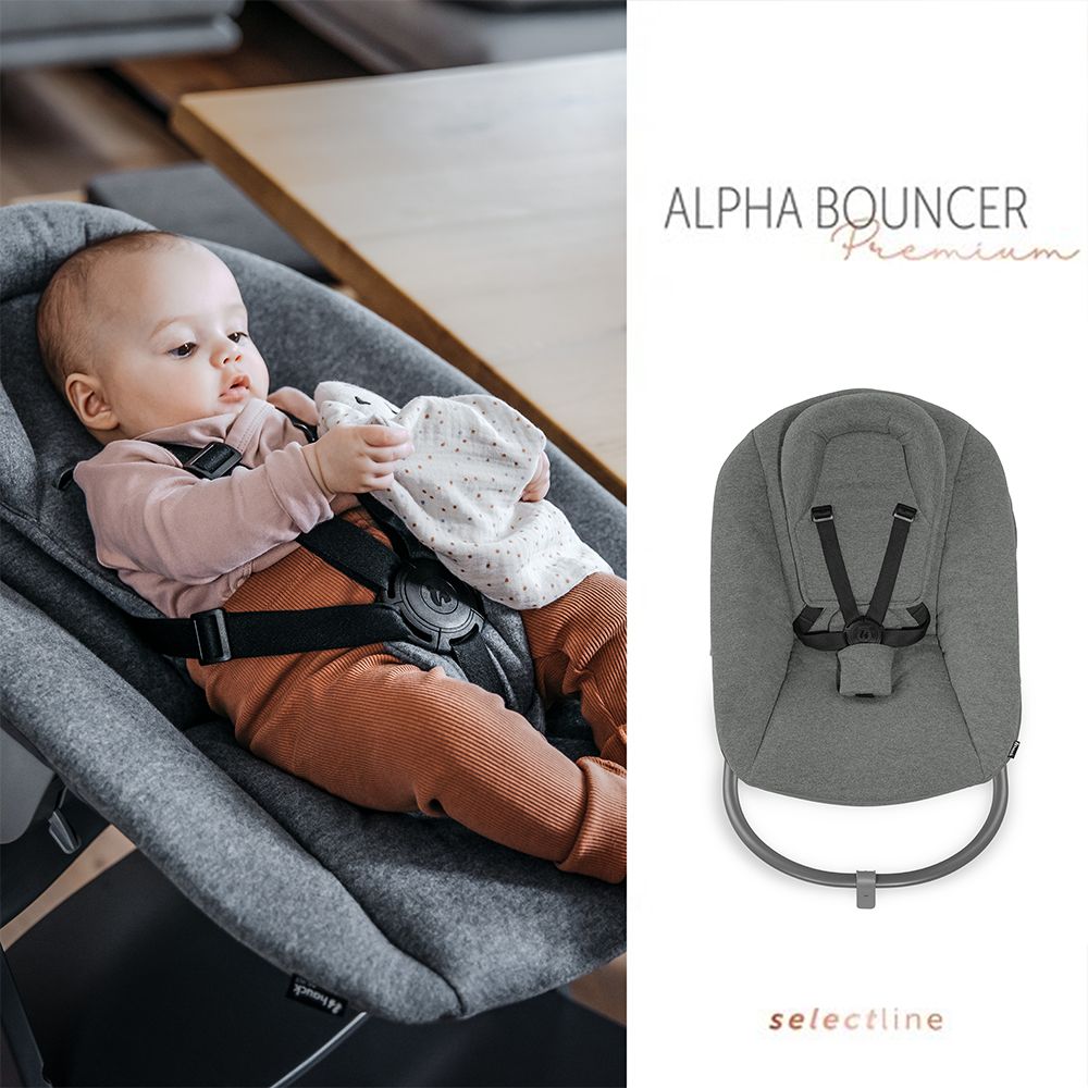 Barnestol Alpha Plus White sett med babyvippe detalj av sikkerhetssele