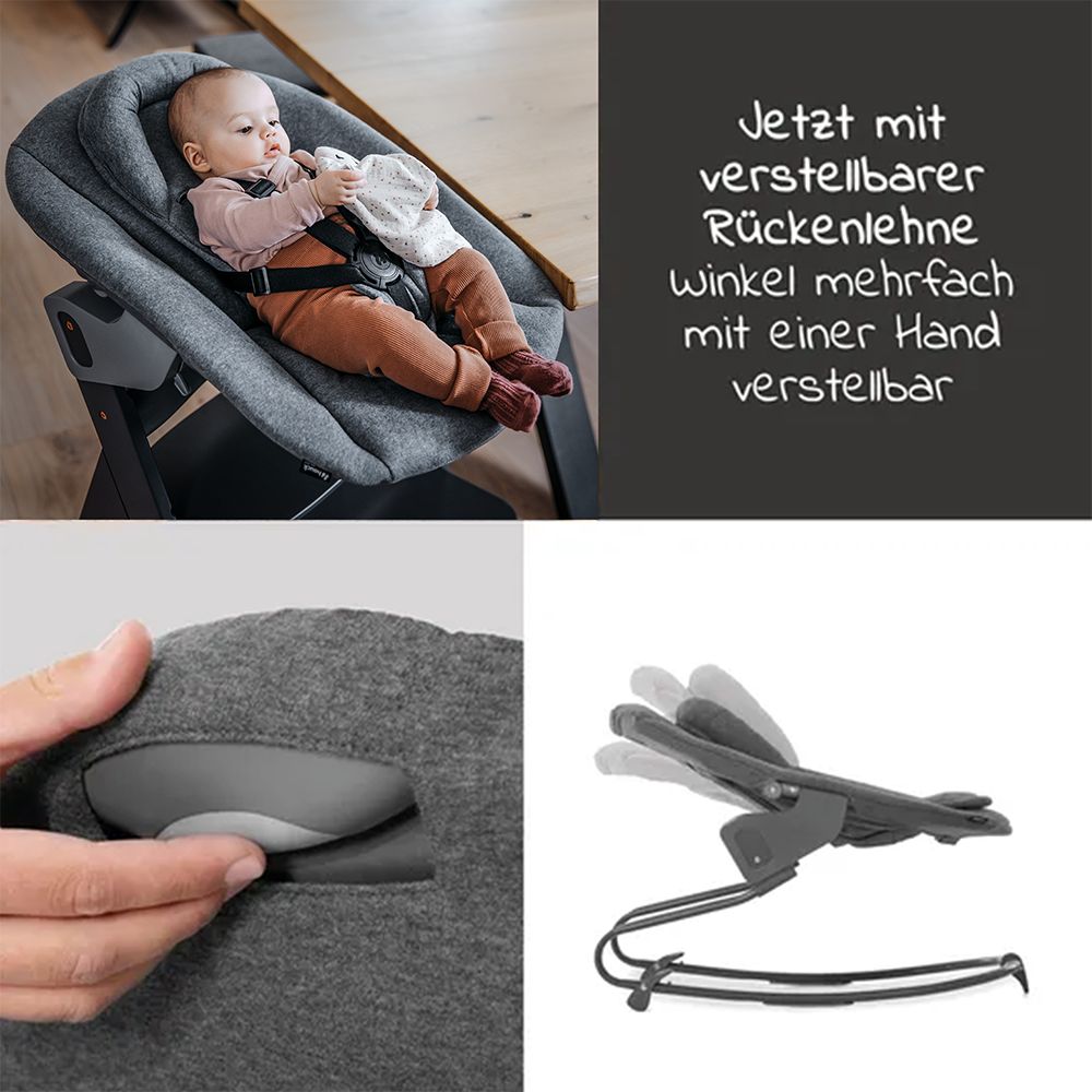 Barnestol Alpha Plus White sett med babyvippe spisebrett detalj