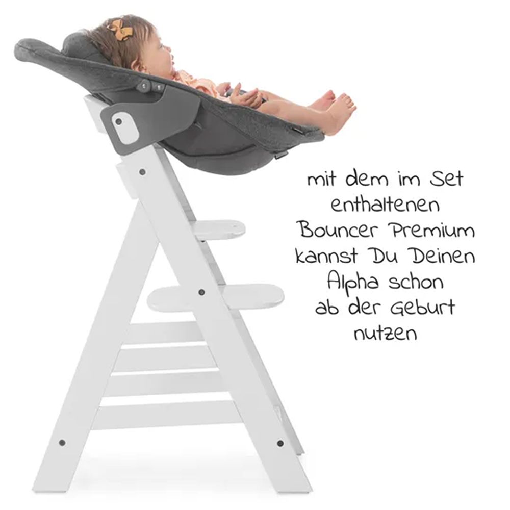 Barnestol Alpha Plus White sett med babyvippe nærbilde av tekstil