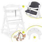 Barnestol Alpha Plus White sett med sittepute og lekebrett forfra