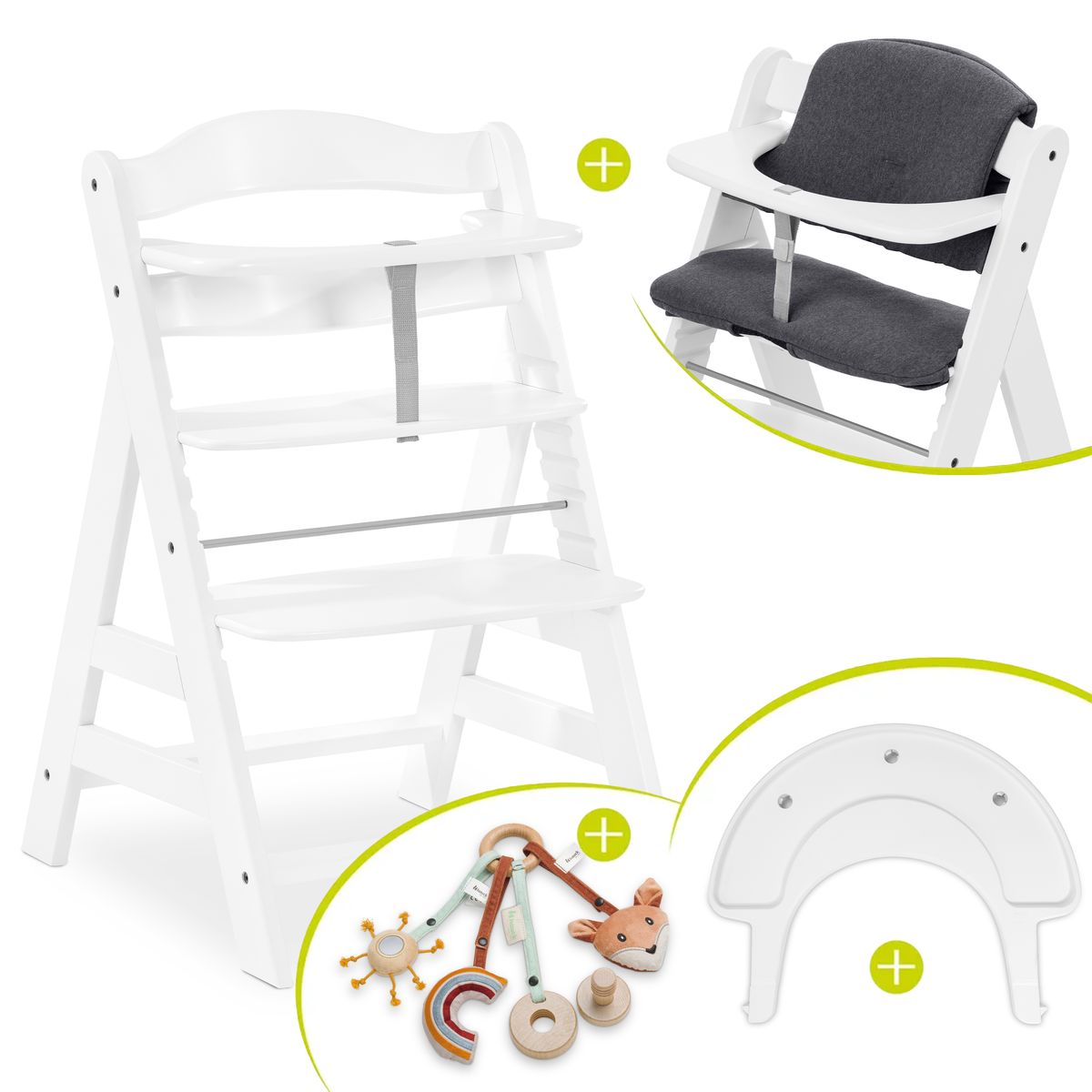 Barnestol Alpha Plus White sett med sittepute og lekebrett forfra
