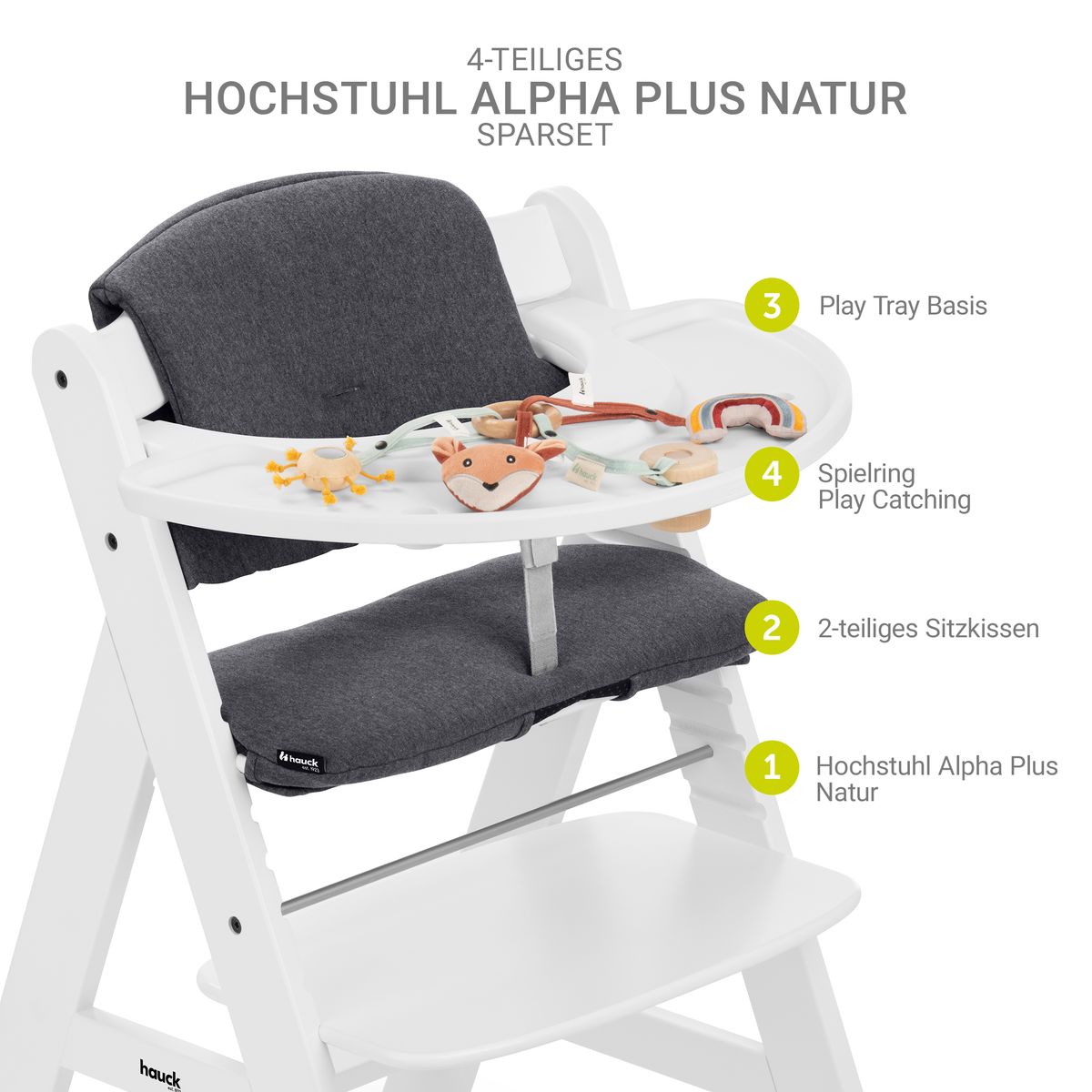 Barnestol Alpha Plus White sett med sittepute og lekebrett bakside