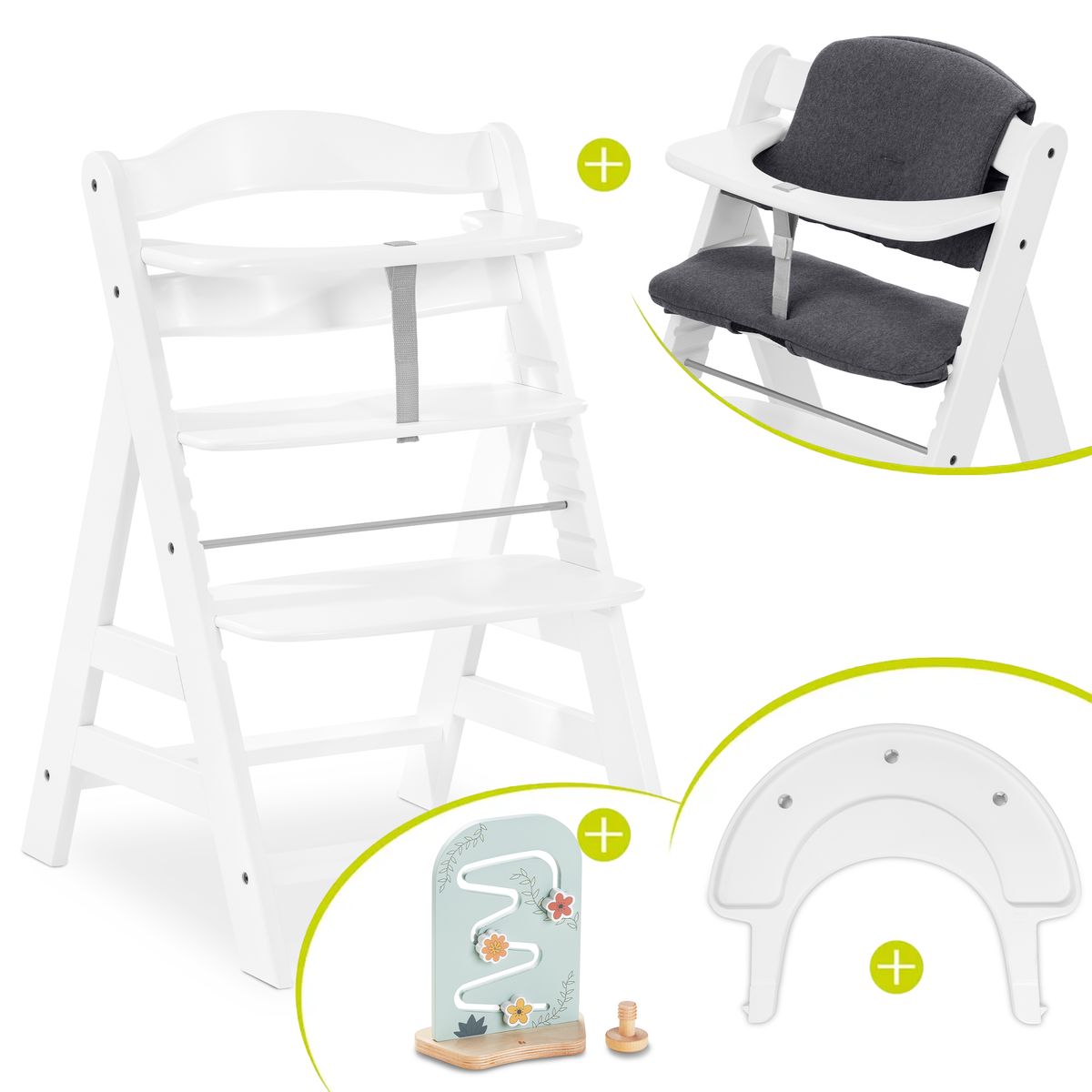 Barnestol Alpha Plus White forfra med sittepute