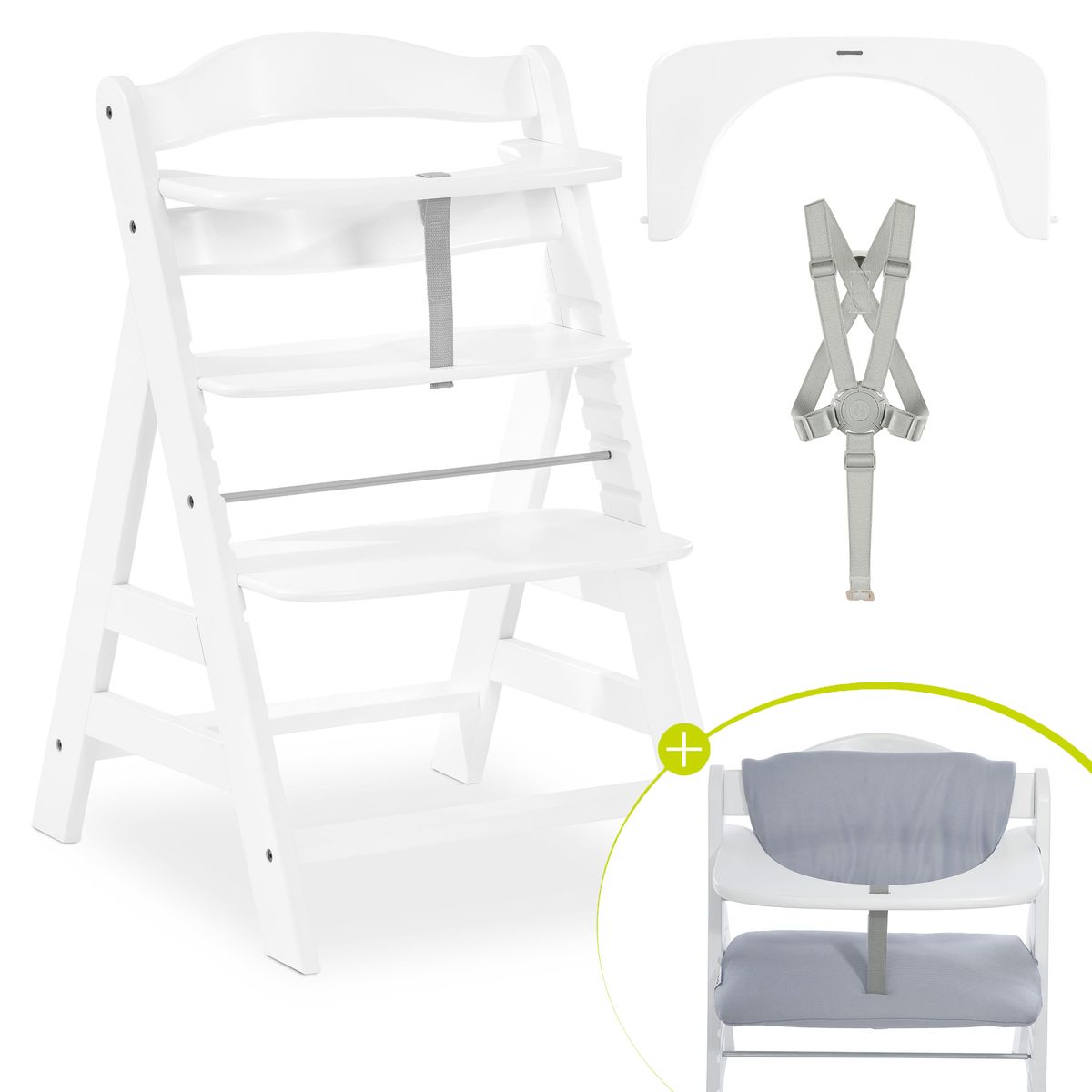 Barnestol Alpha Plus White med sittepute Stretch Grey sett forfra