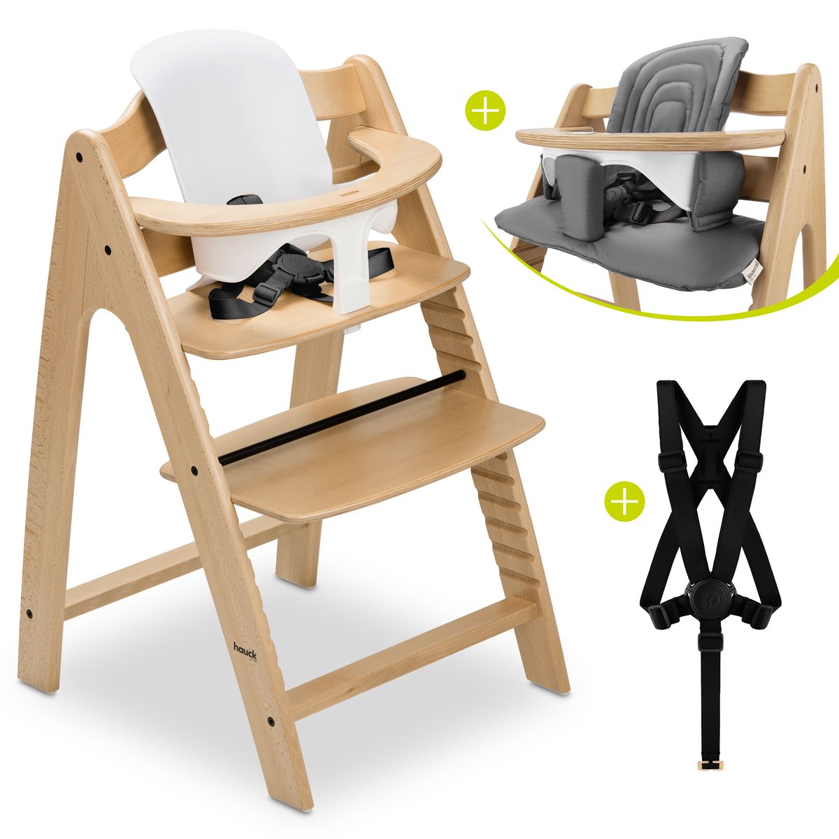 Barnestol Arketa Oak med babyinnsats og sittepute i Dark Grey forfra