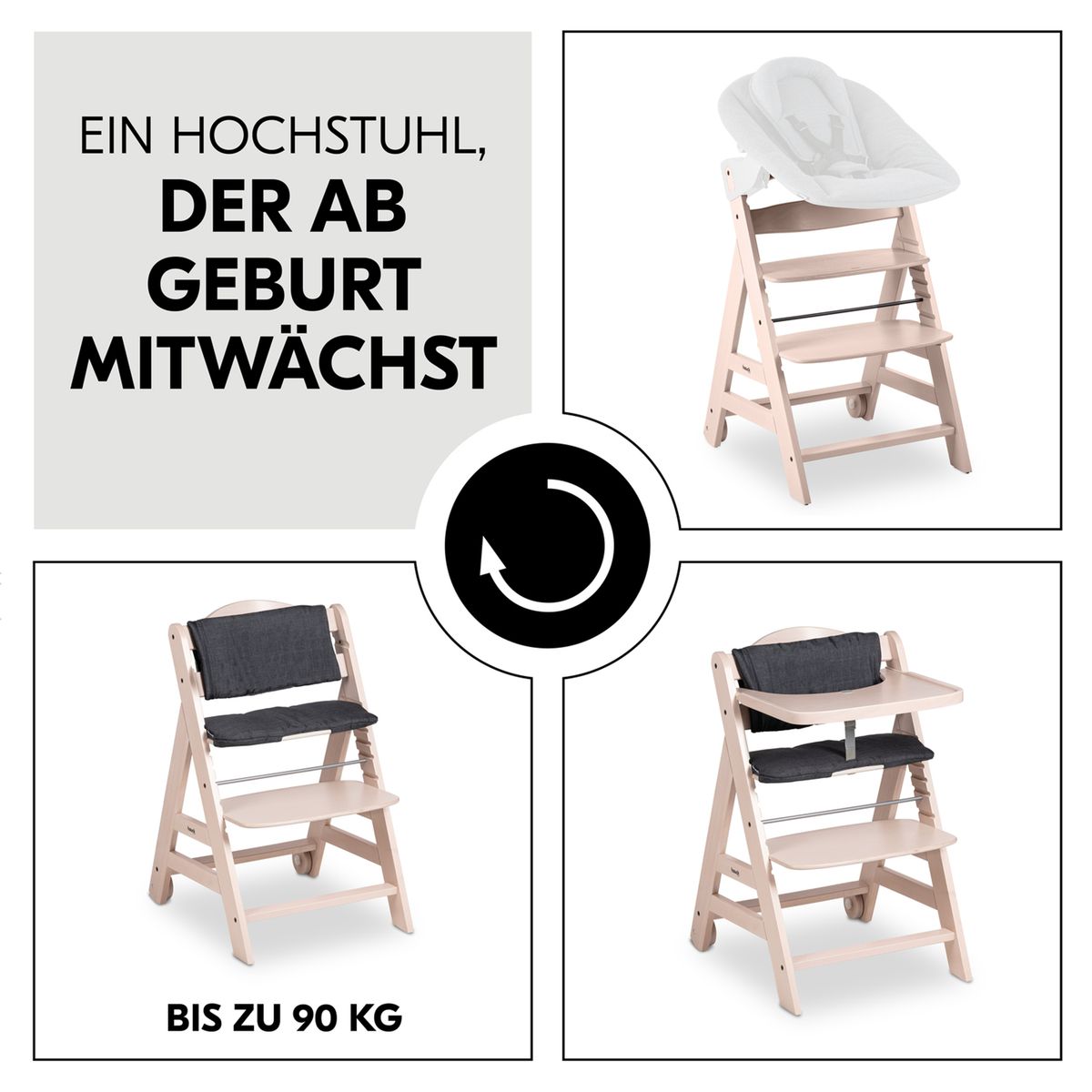 Detalj av bordbrett på Barnestol Beta Plus med sittepute hvitlasert