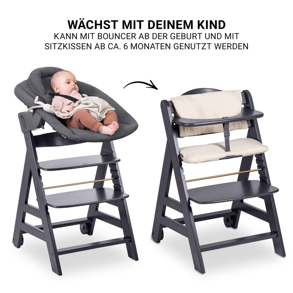 Barnestol Beta Plus Dark Grey nyfødtsett montert med bouncer