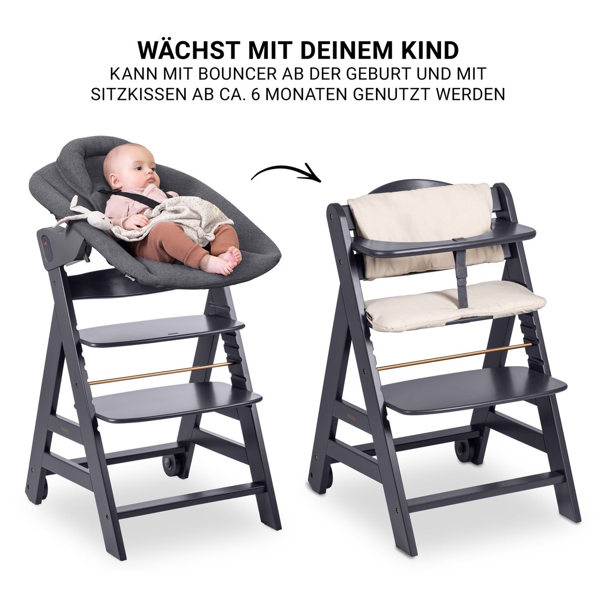 Barnestol Beta Plus Dark Grey nyfødtsett montert med bouncer