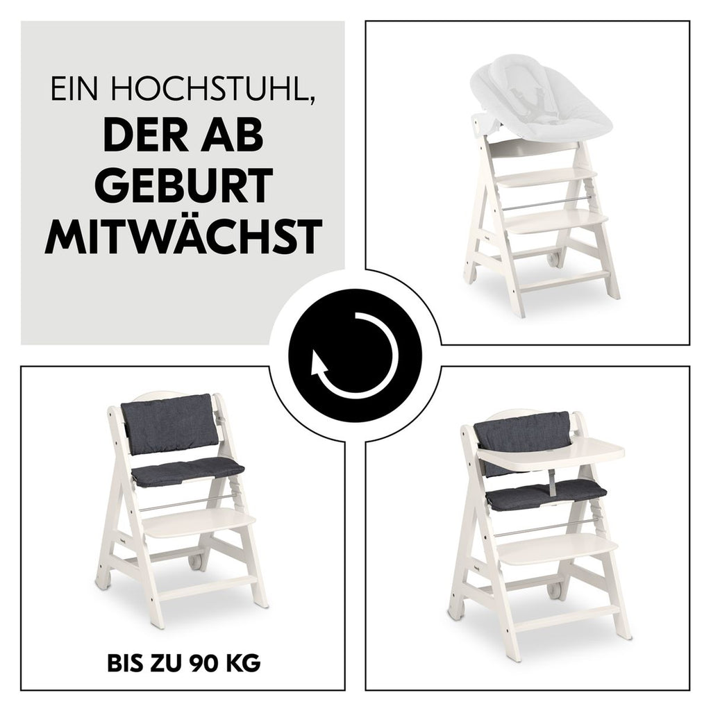 Detalj av bordbrett i bøk på Barnestol Beta Plus hvit